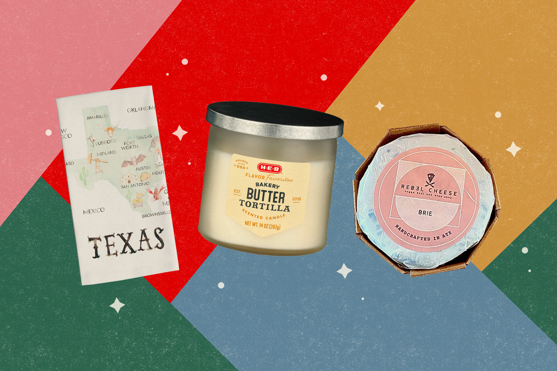 A tea towel with the shape of the state of Texas on it, a candle that reads H-E-B Flavor Favorites Bakery Butter Tortilla, and a wrapped circular item that says Rebel Cheese on top of a colorful background. 
