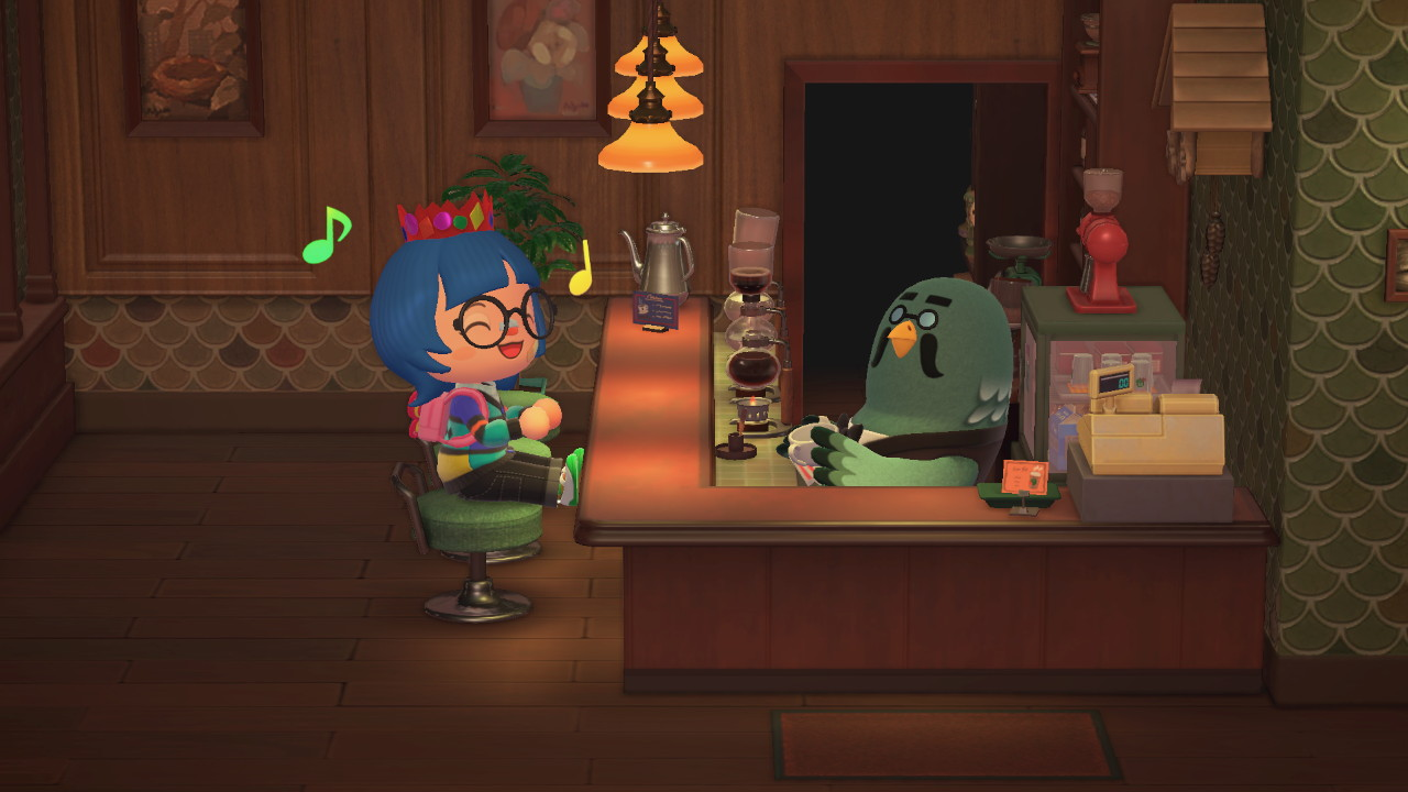A player chatting with Brewster in Animal Crossing: New Horizons
