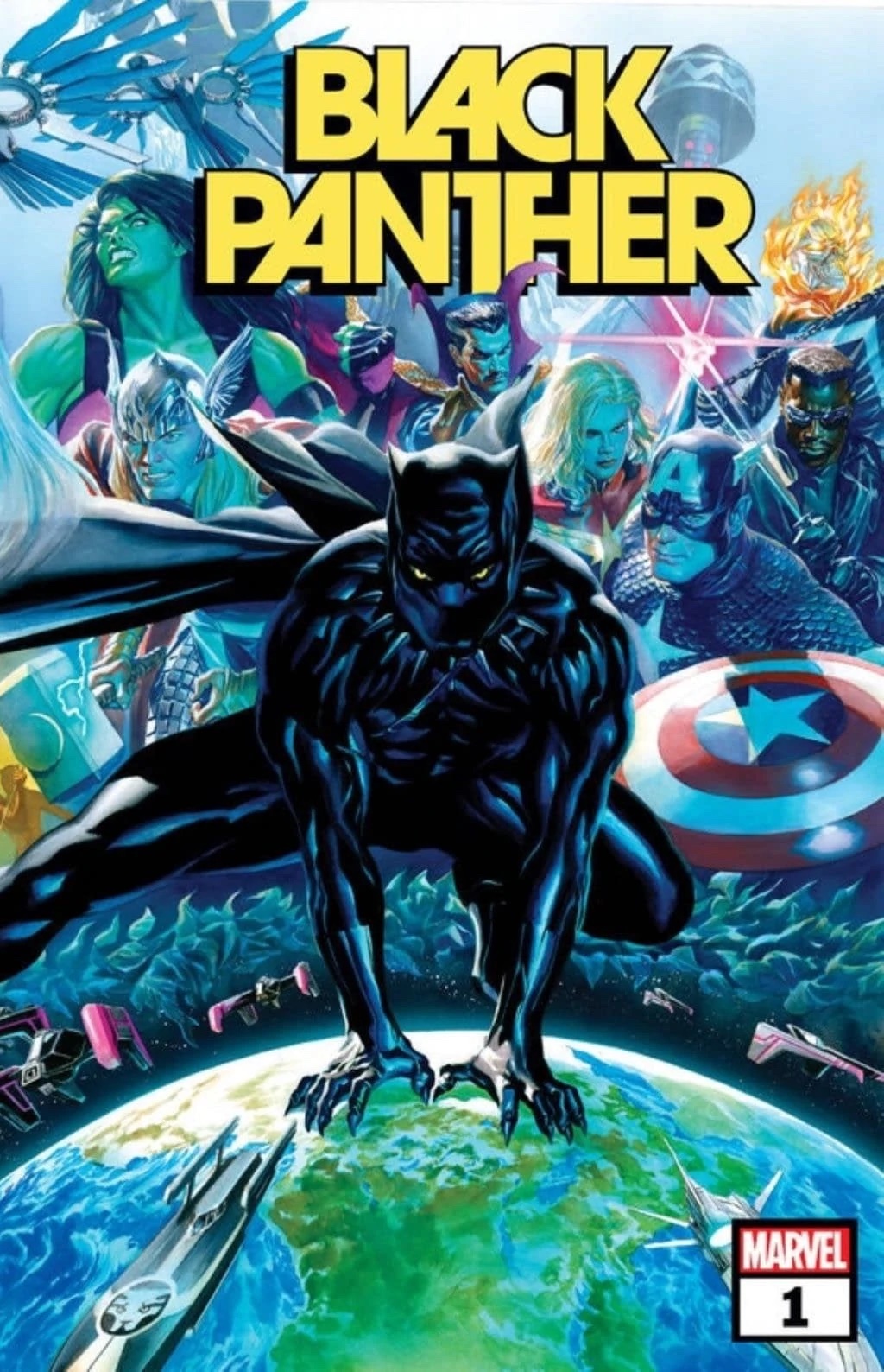 The Black Panther crouches astride the planet Earth with the Avengers assembled behind him on the cover of Black Panther #1 (2021). 
