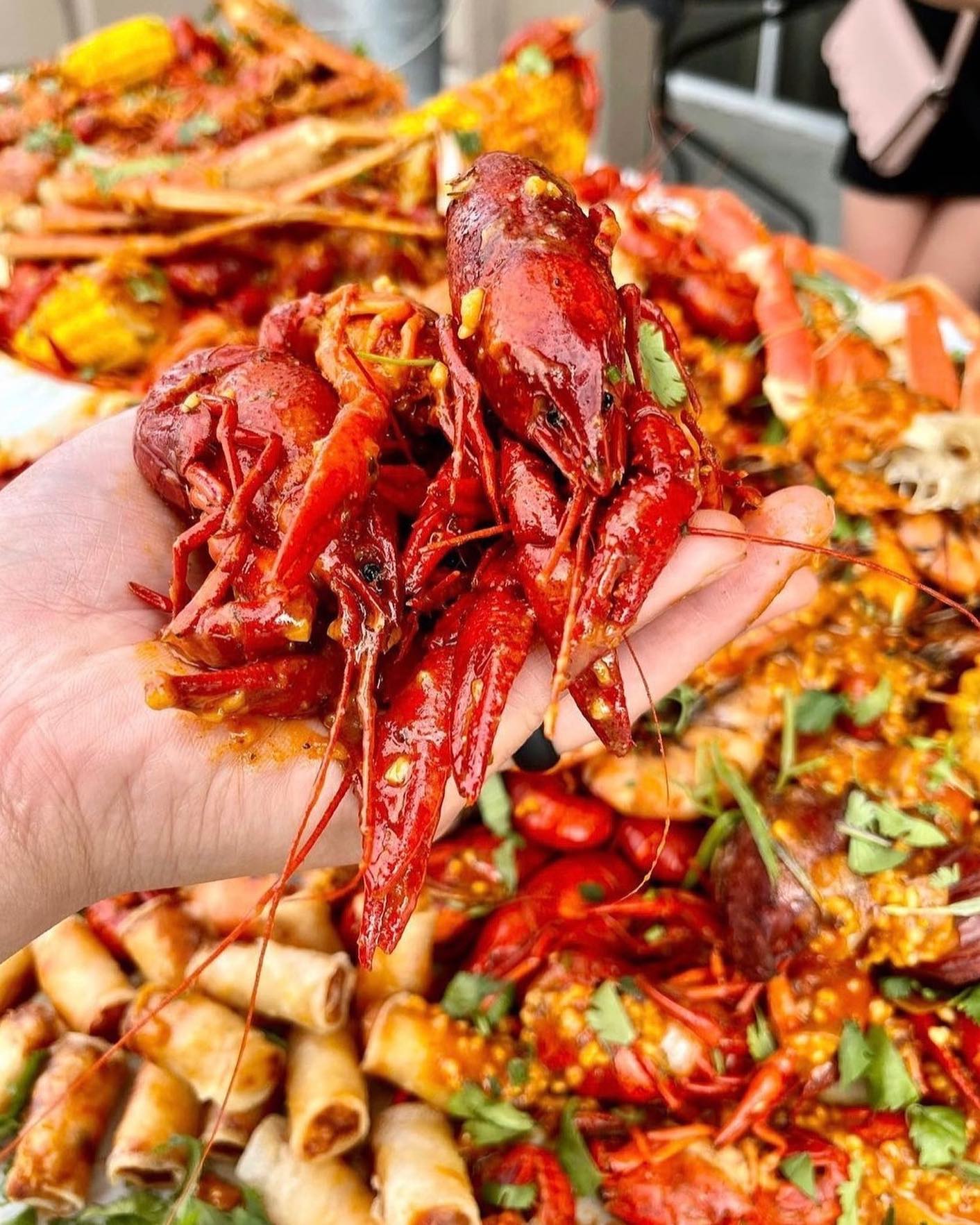 A hand holding a pile of boiled crawfish drenched in a spicy sauce.