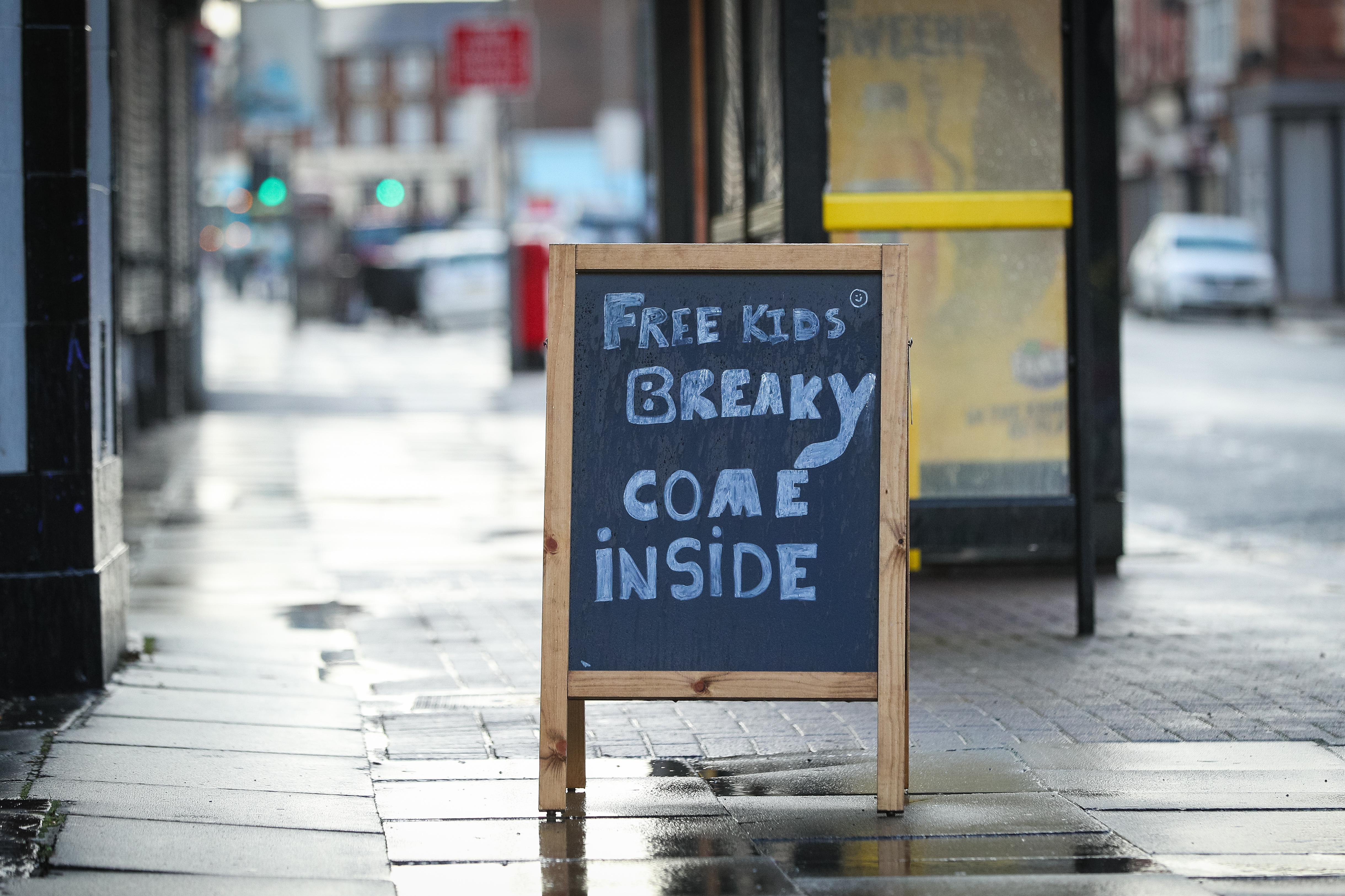 General view of a sign for a free breakfast club outside the Sandon pub, in Liverpool, who are providing free school meals for children over the half term holidays.