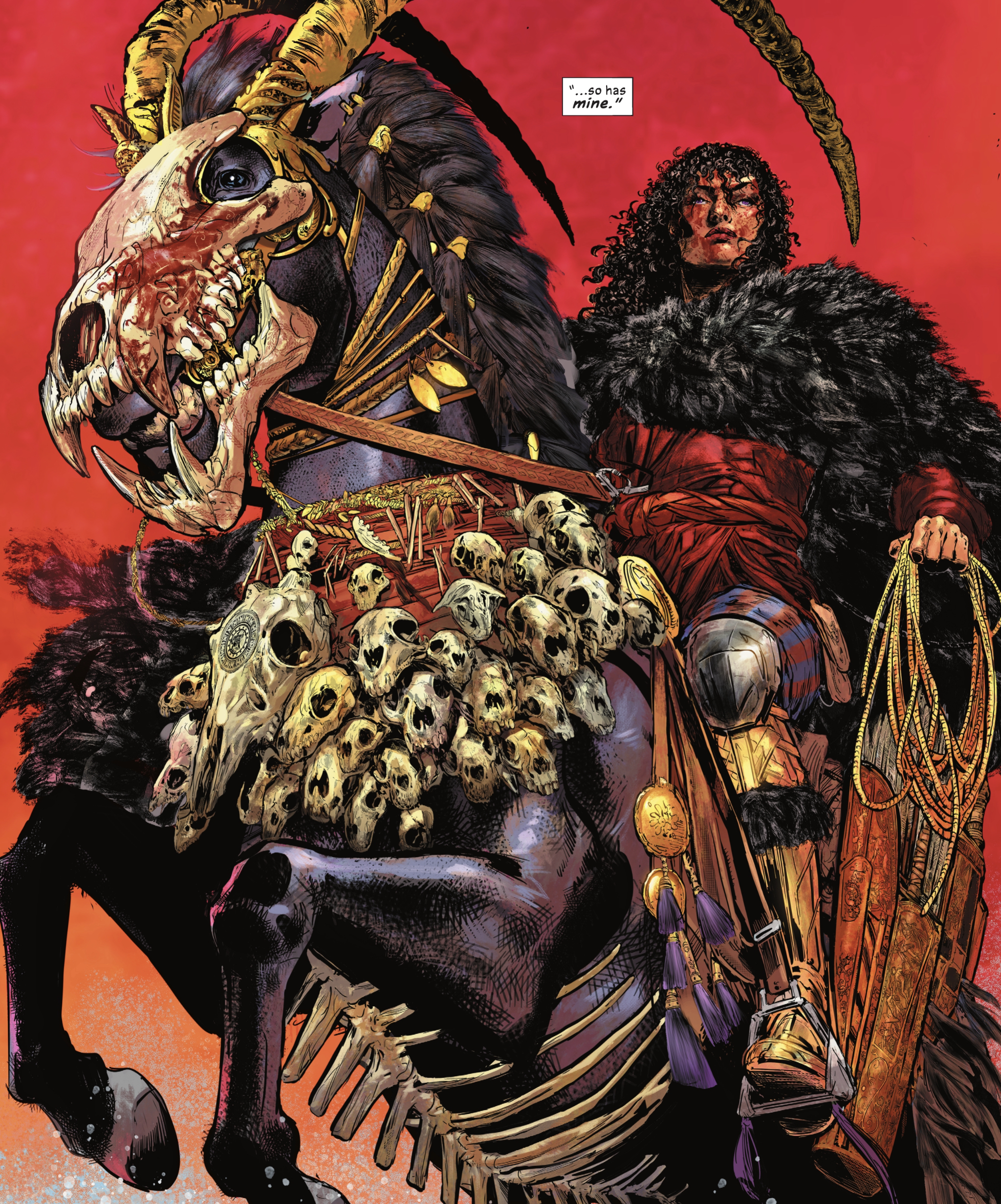 Hippolyta, bloody-faced, sits astride a rearing black steed adorned with gold and bones, grasping a golden lasso in her left hand in Wonder Woman Historia: The Amazons #1 (2021). 