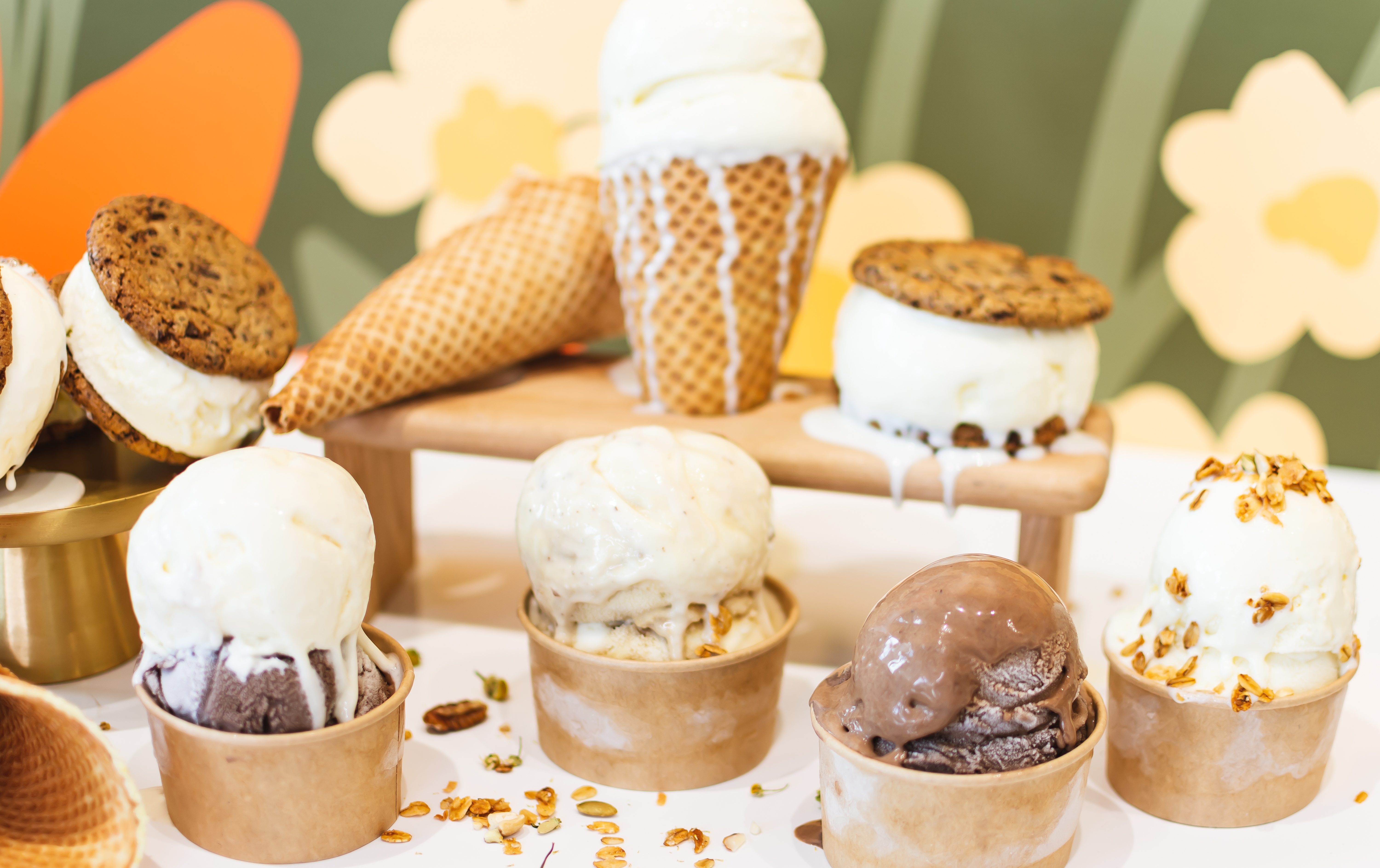 Ice cream cones, scoops, and sandwiches from Honeychild’s Sweet Creams