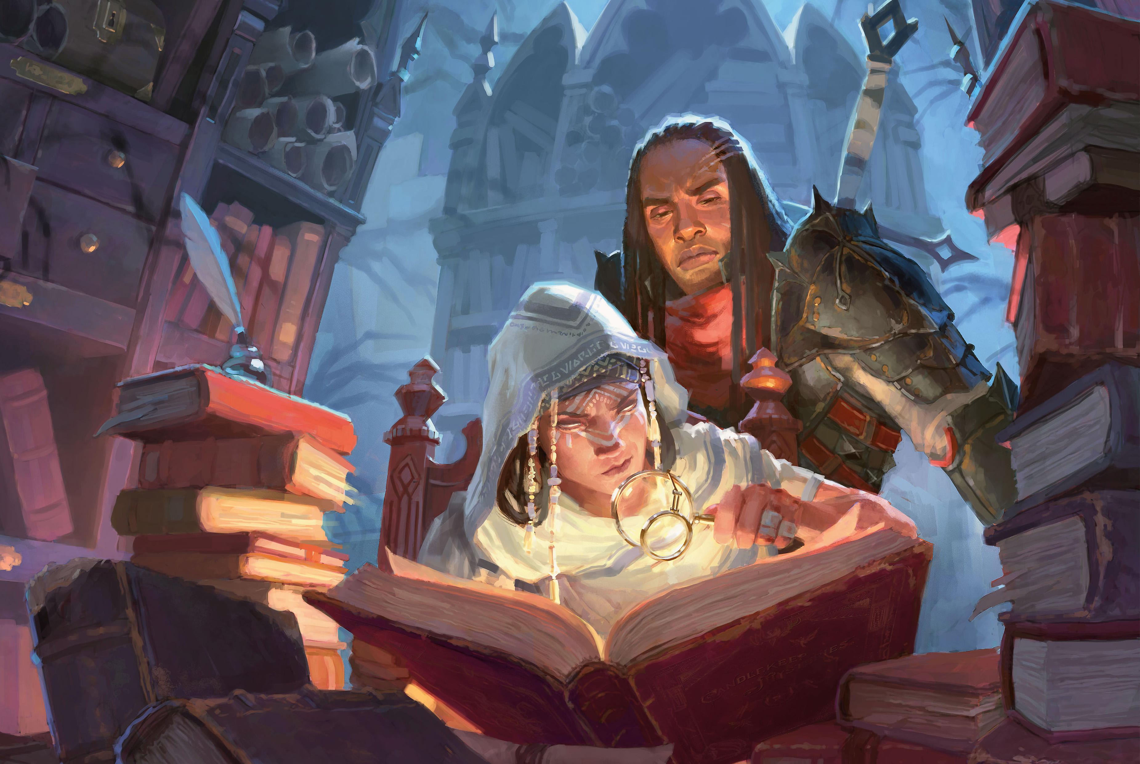 Cover art for Candlekeep Mysteries includes a pair of adventurers perusing forgotten tomes deep beneath Baldur’s Gate.