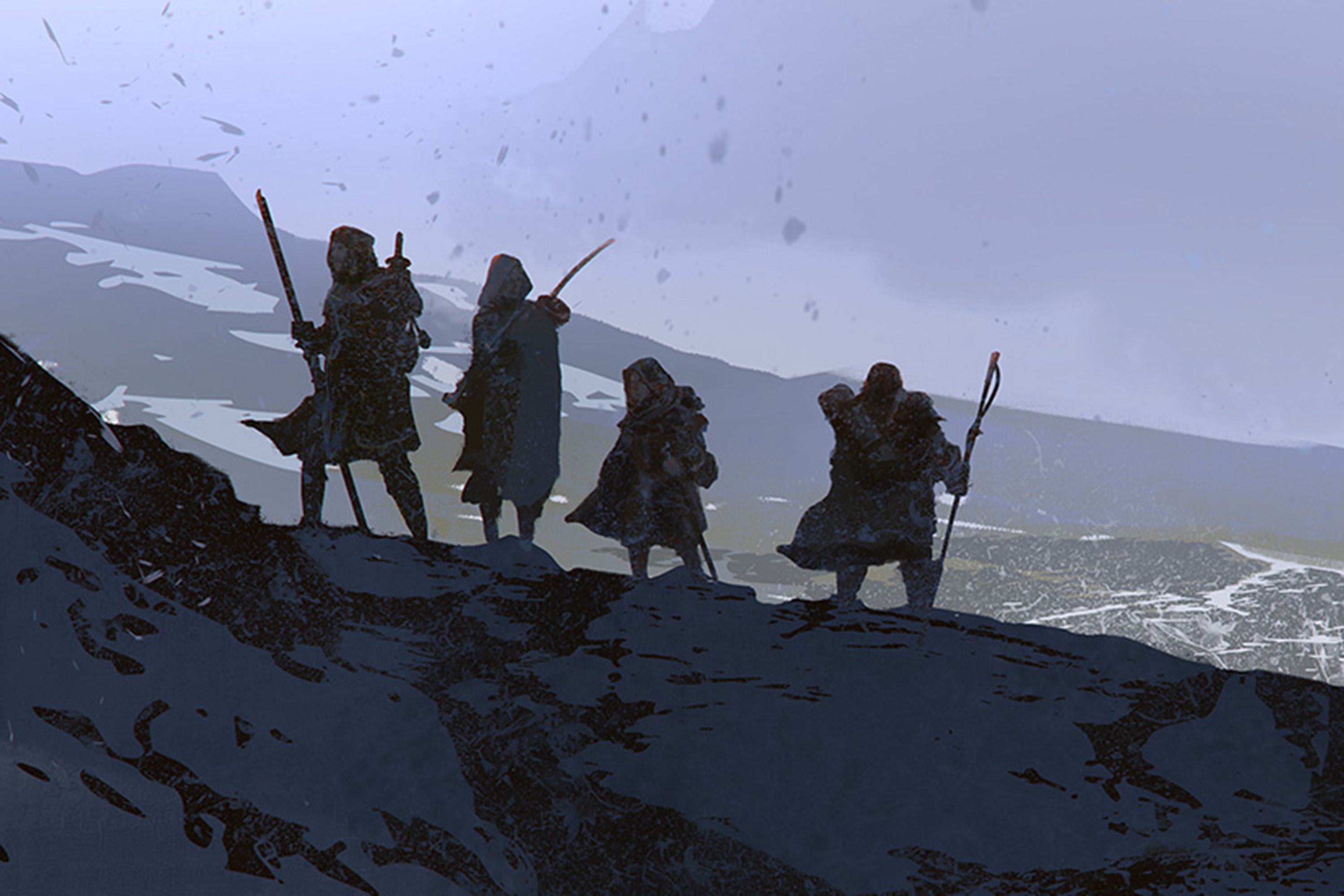 The Fellowship walks across snowy mountains in an impressionistic piece of artwork from The One Ring