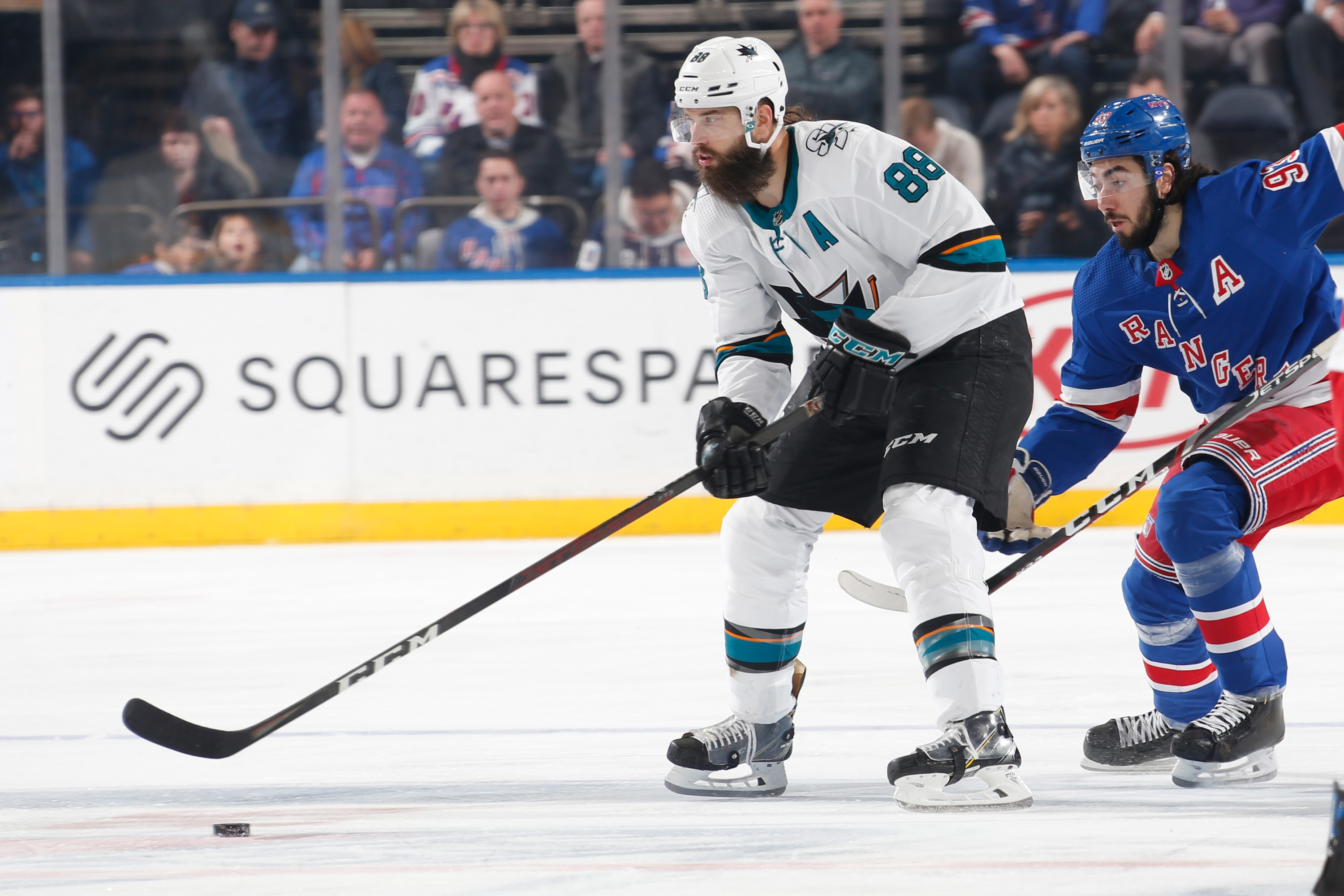 Brent Burns #88 of the San Jose Sharks skates with the puck against the New York Rangers at Madison Square Garden on February 22, 2020 in New York City.