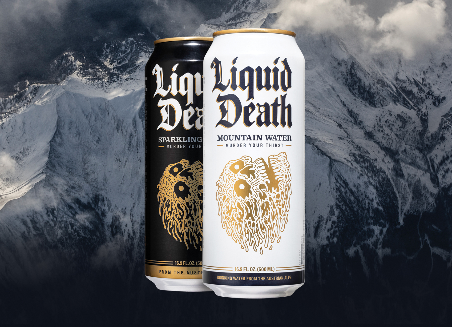 Two cans of Liquid Death, one black and one white, on a backdrop of a mountain.