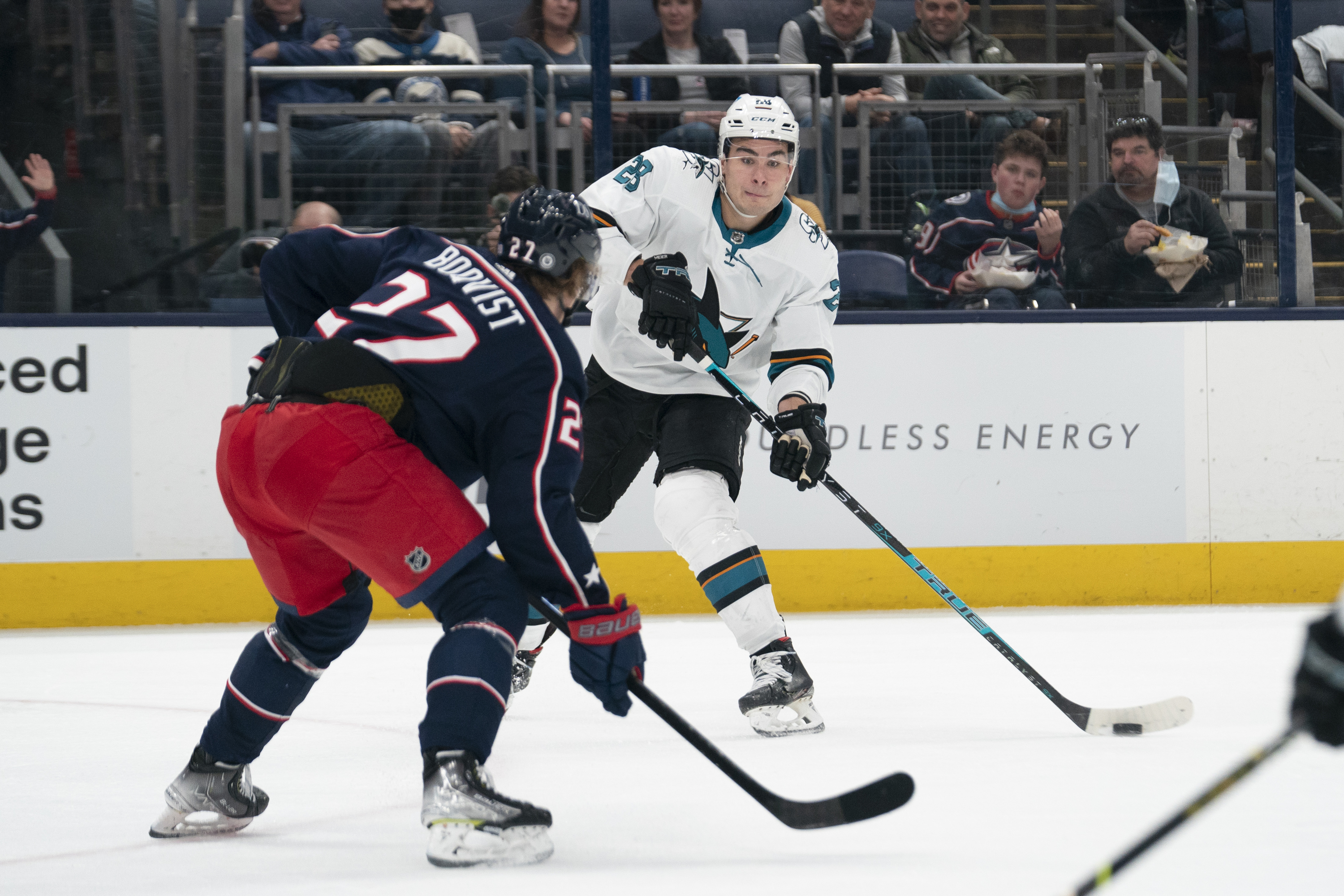 San Jose Sharks right wing Timo Meier #28 passes the puck during the game between the Columbus Blue Jackets and the San Jose Sharks at Nationwide Arena in Columbus, Ohio on December 5, 2021.