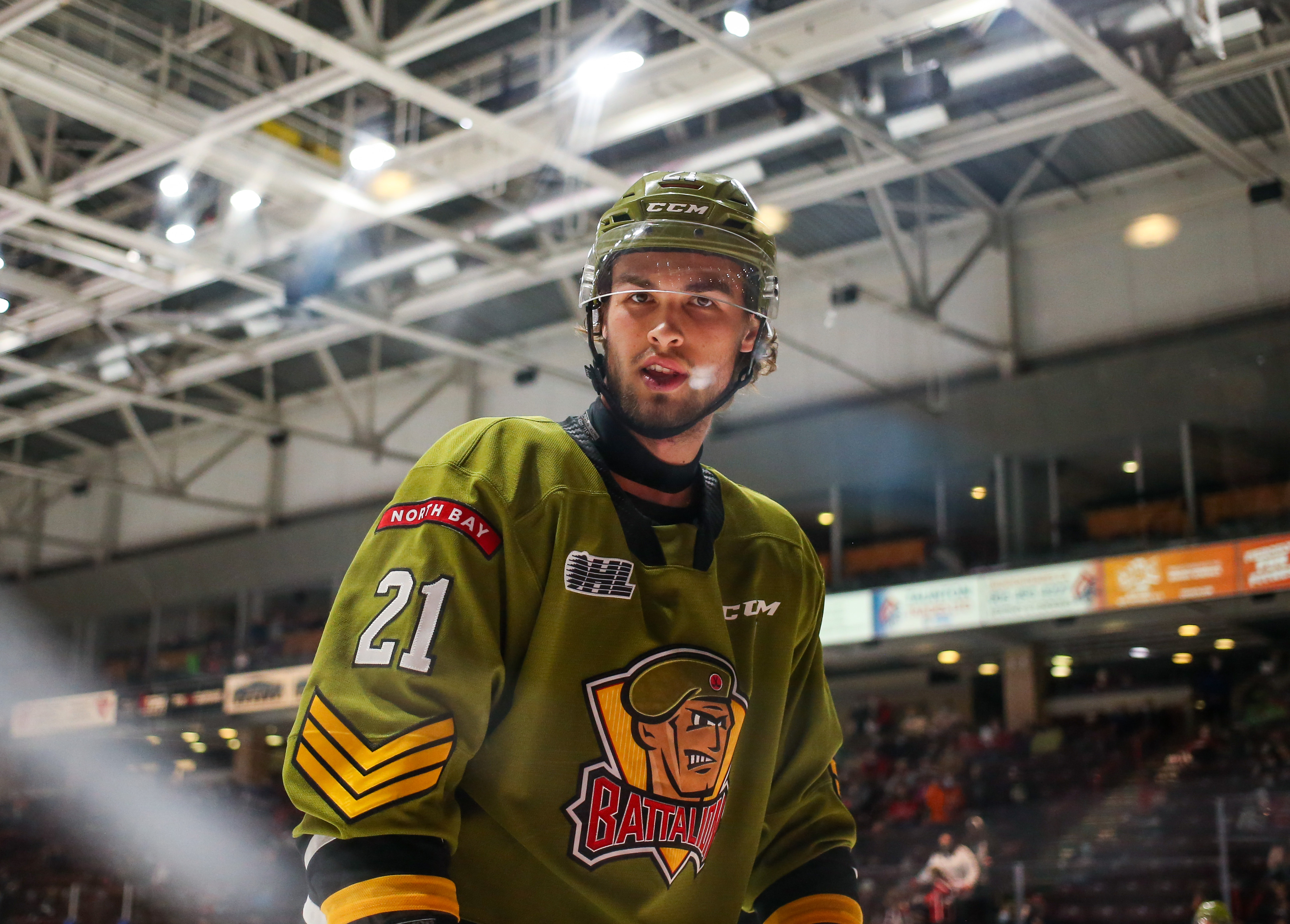 Brandon Coe #21 of the North Bay Battalion’s skates during warmups prior to the game against the Oshawa Generals at Tribute Communities Centre on November 19, 2021 in Oshawa, Ontario.