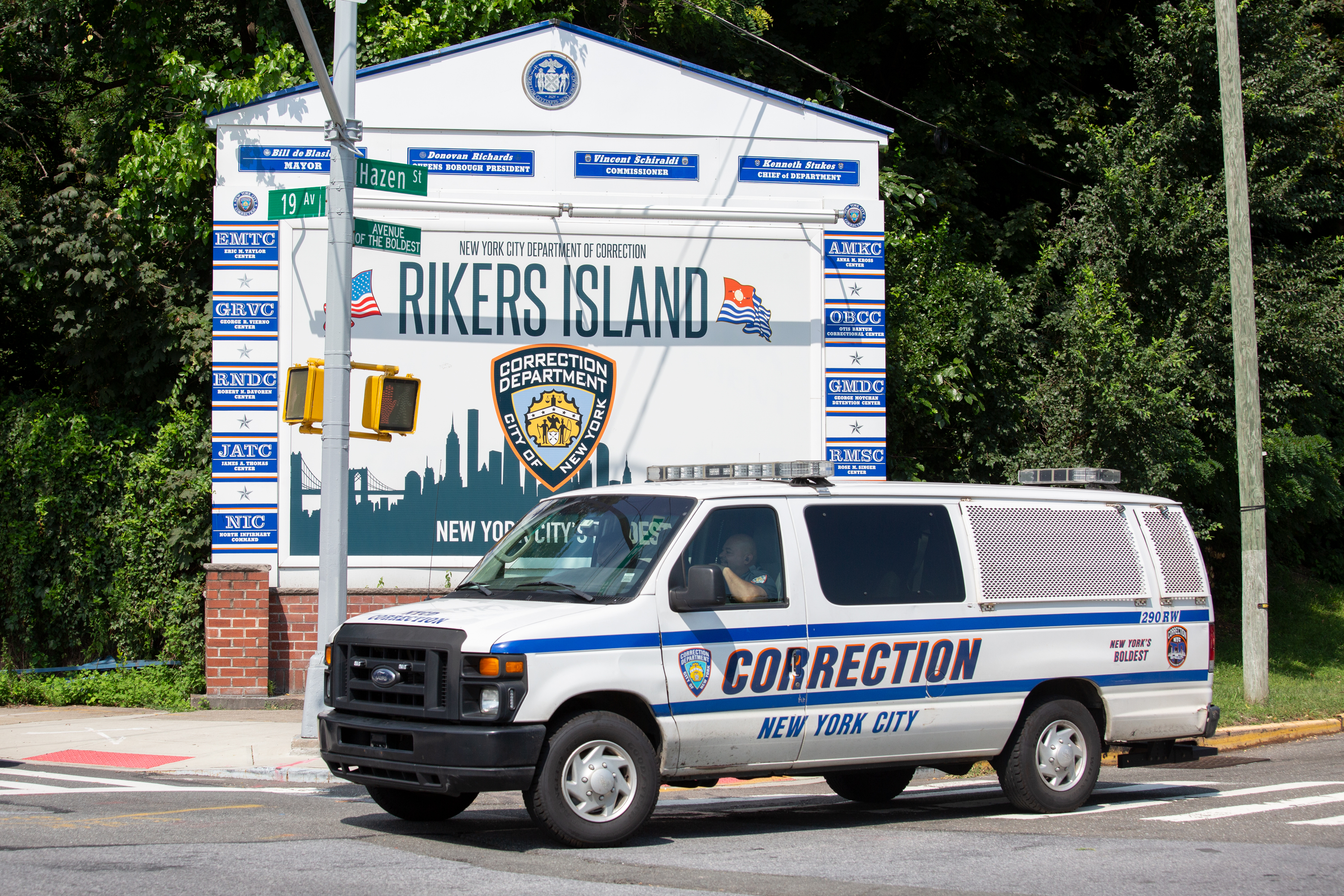 A Department of Correction van at the entrance to Rikers Island, Sept. 13, 2021.
