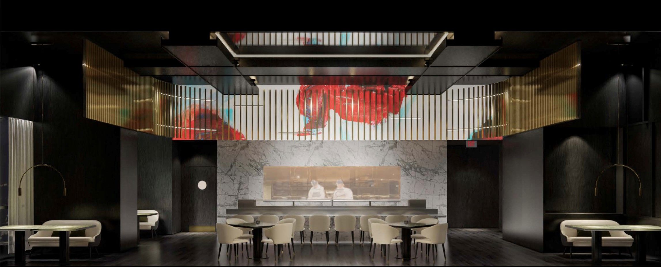 A rendering of the interior of a sushi bar, with seats facing the open kitchen and booths on either side.
