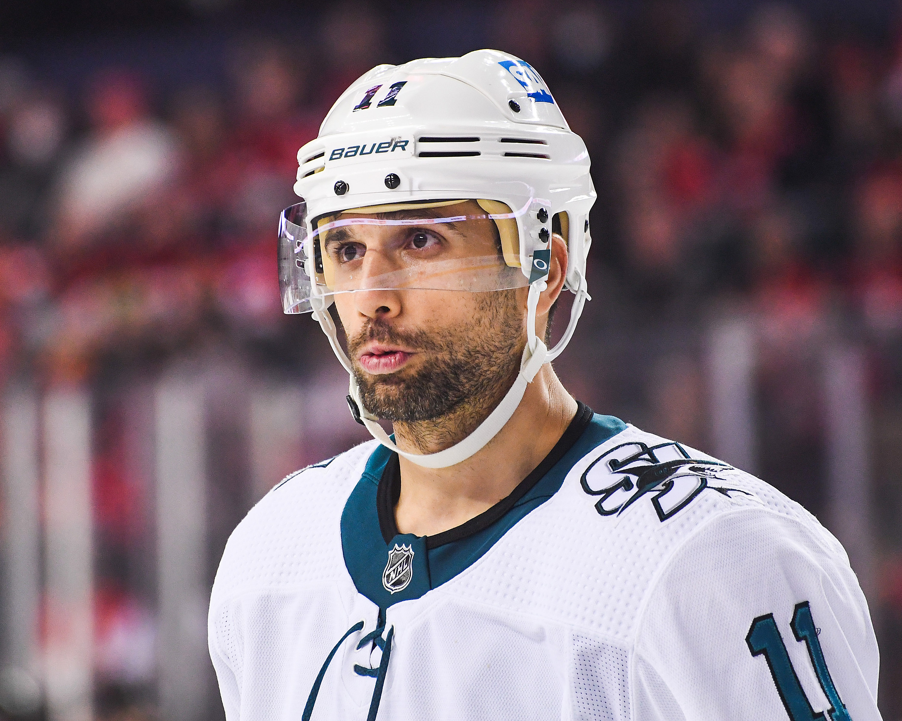 Andrew Cogliano #11 of the San Jose Sharks in action against the Calgary Flames during an NHL game at Scotiabank Saddledome on November 9, 2021 in Calgary, Alberta, Canada.