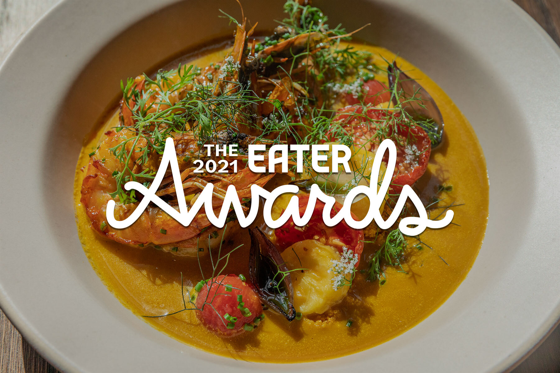 A blow of prawn stew with text overlayed that reads Eater Awards 2021.