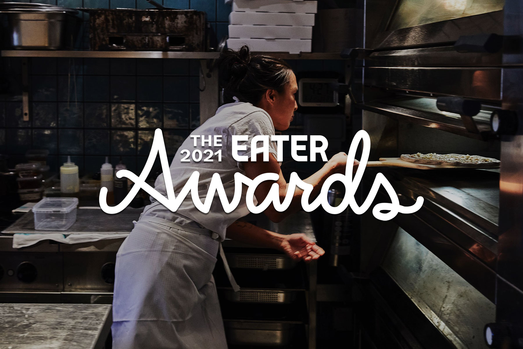 Eater London Awards 2021 overlaid on a photo of chef Pam Yung removing a pizza from an overn when Flor Bakery in Borough was ASAP Pizza through lockdown 