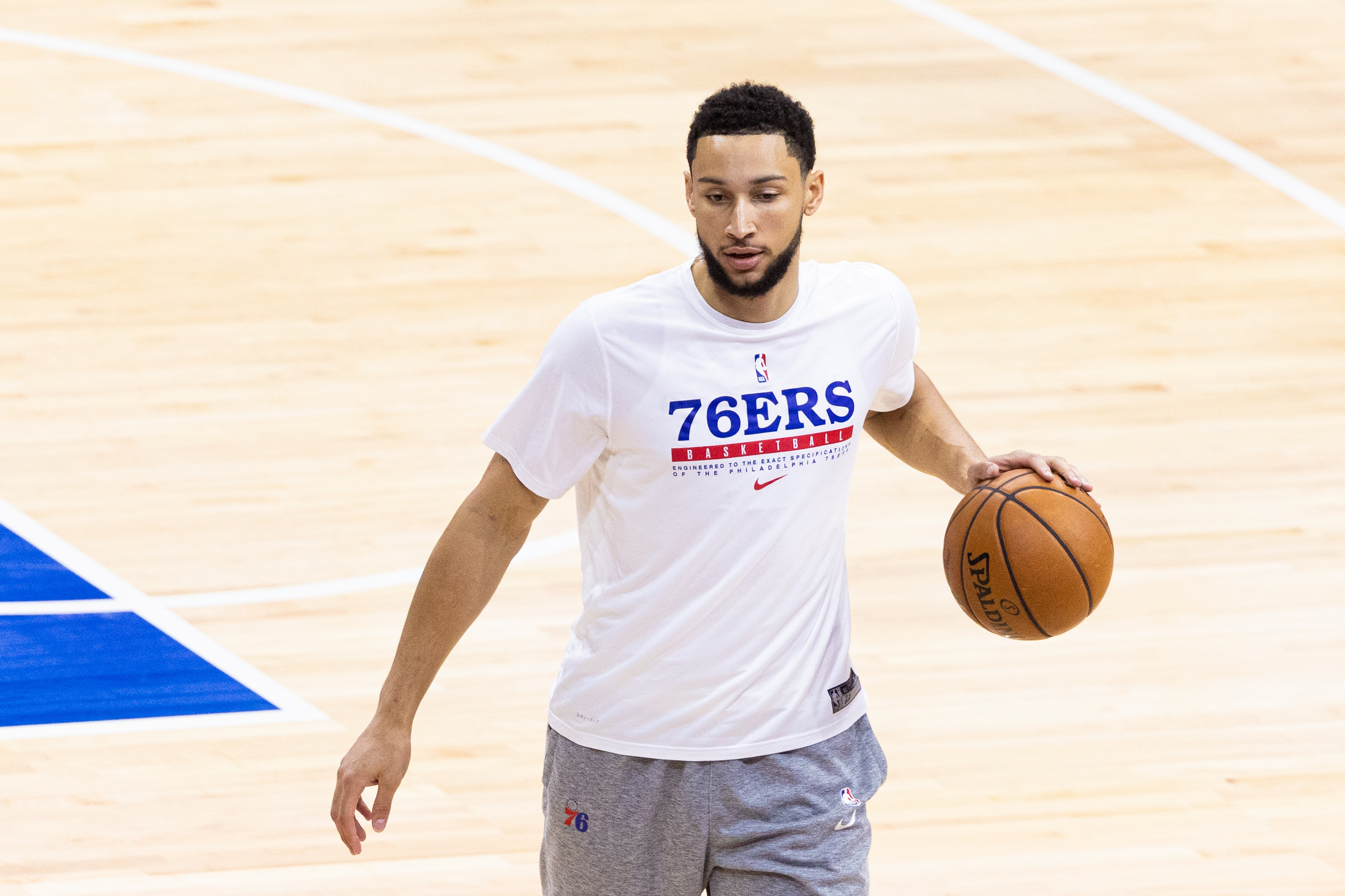Philadelphia 76ers guard Ben Simmons warms up before game seven of the second round of the 2021 NBA Playoffs against the Atlanta Hawks at Wells Fargo Center.