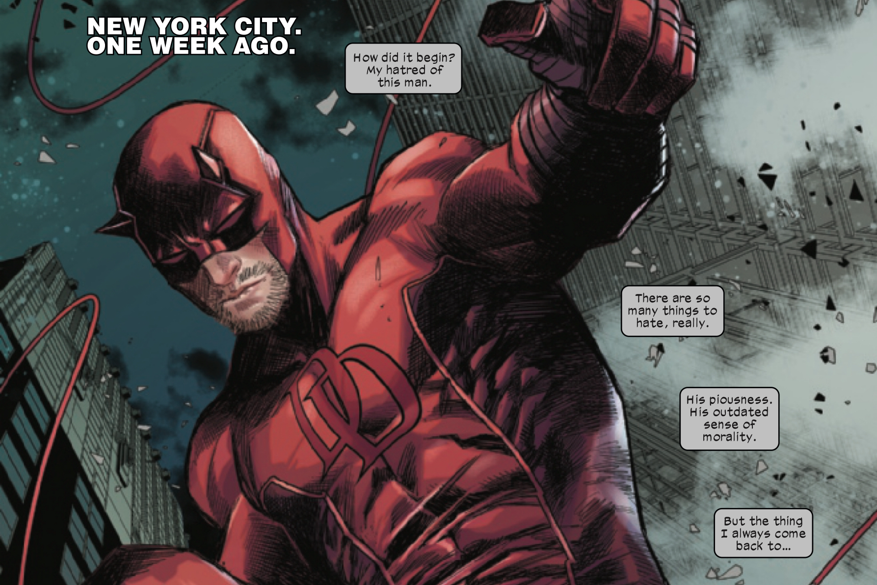 Daredevil swings through NYC as Wilson Fisk monologues about how much he hates him in Devil’s Reign #1 (2021).