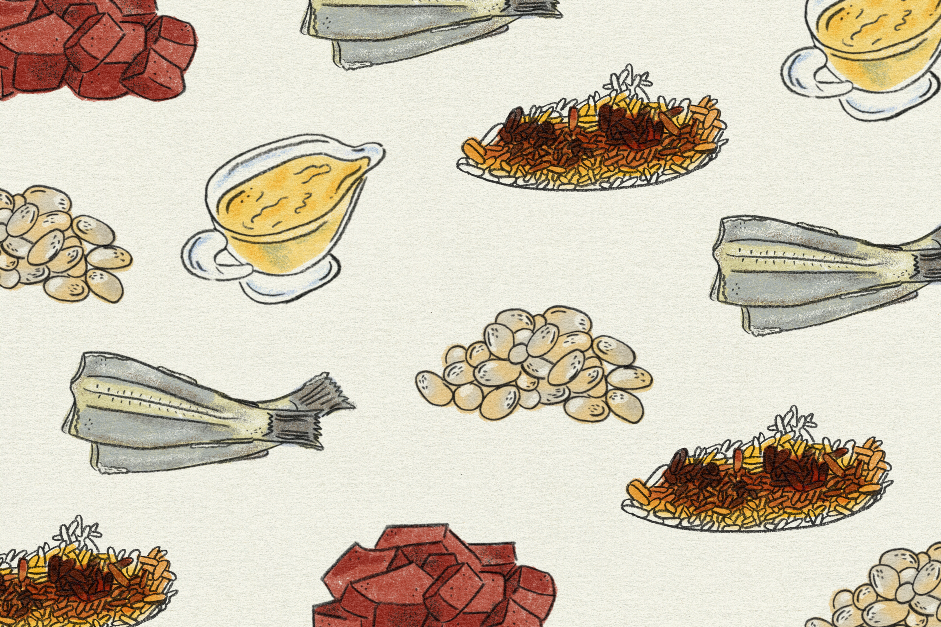 An illustration of blood, saltfish, custards, beans, and crispy-bottom rice, in a repeating pattern.
