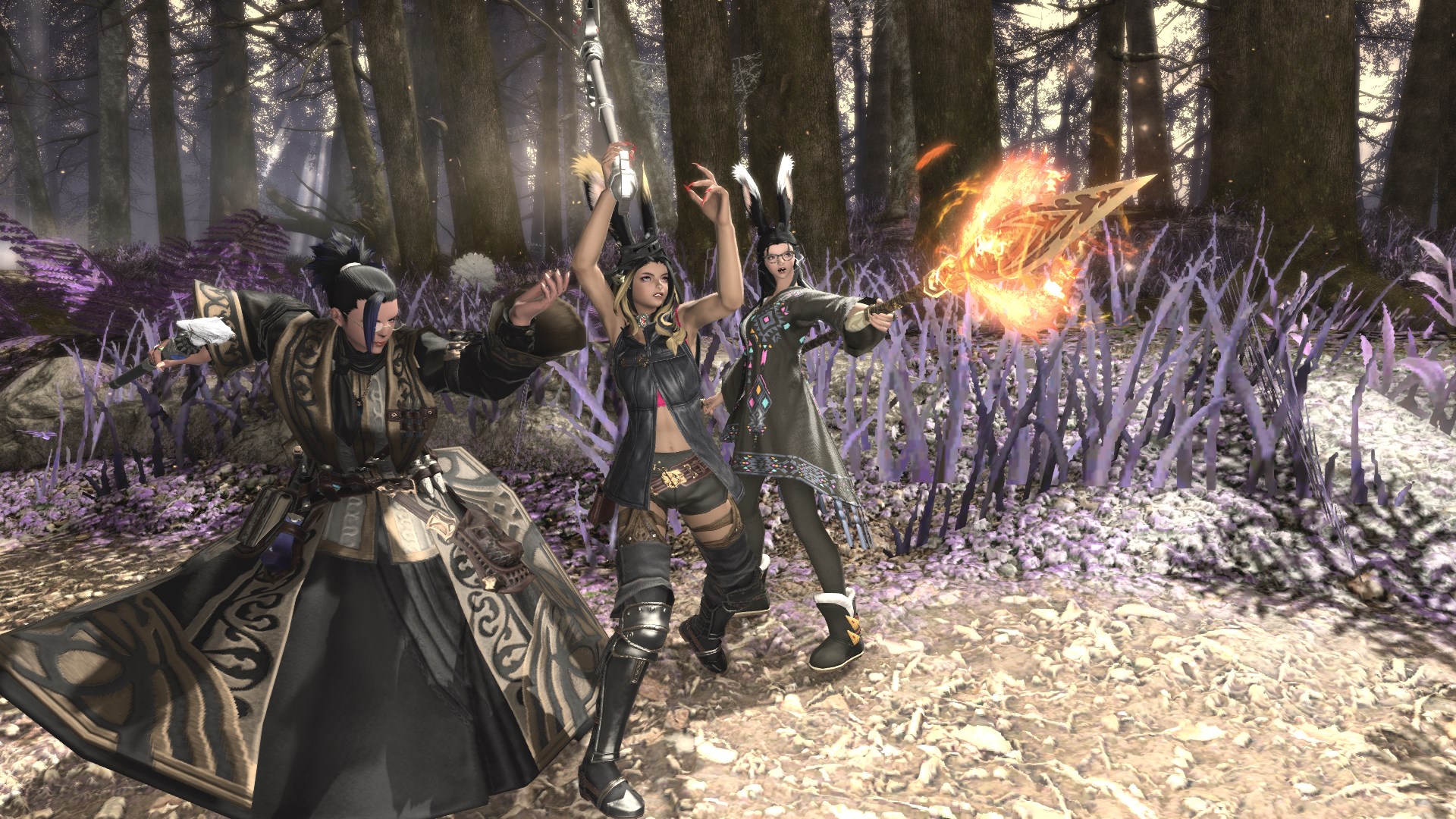 Three FF14 characters stand heroically in a dull-colored forest