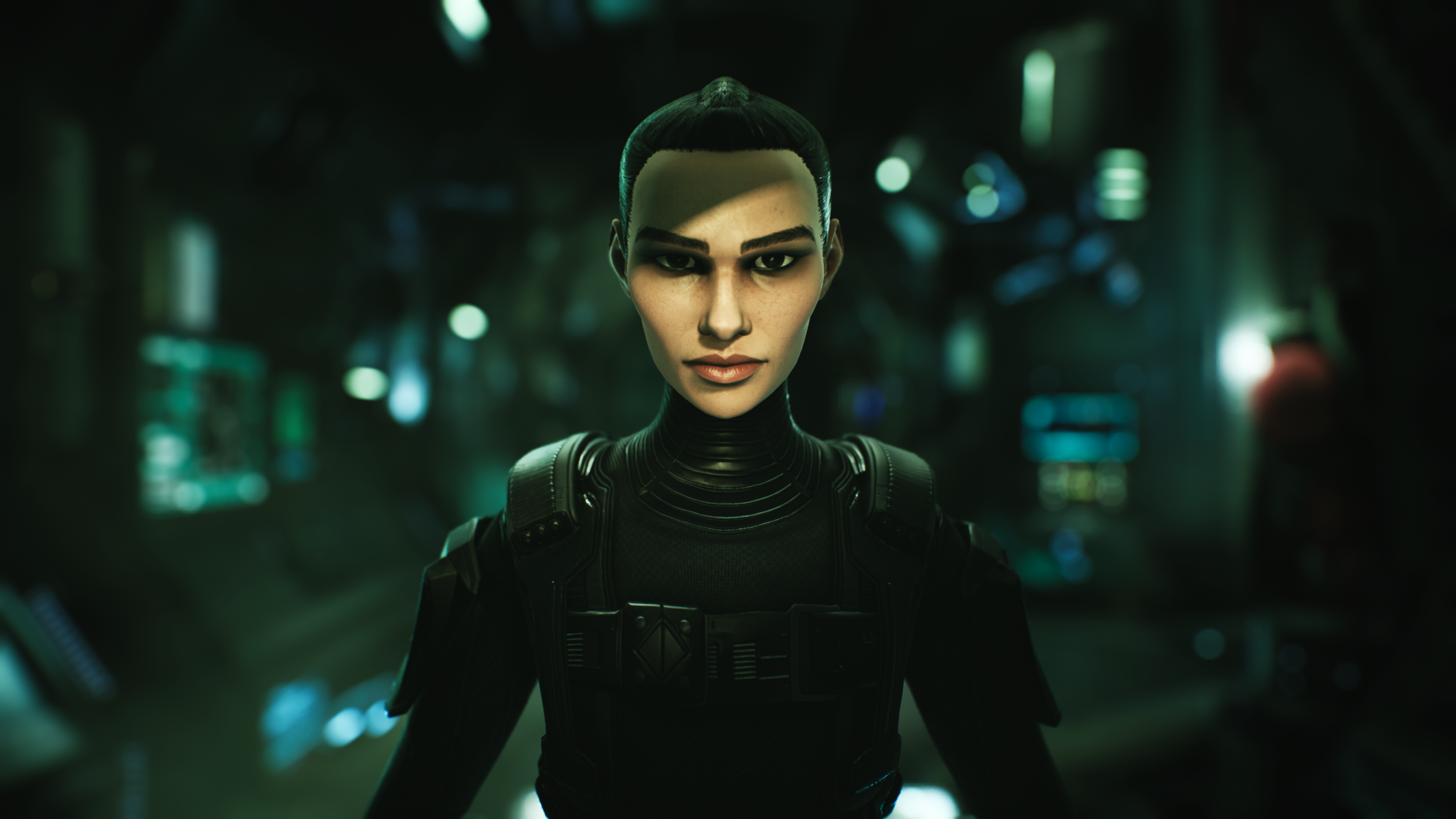 A screenshot from The Expanse: A Telltale Series with Camina Drummer in the center