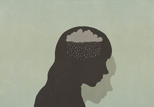Illustration of a silhouetted profile of a head with a raining cloud inside where its brain would be.