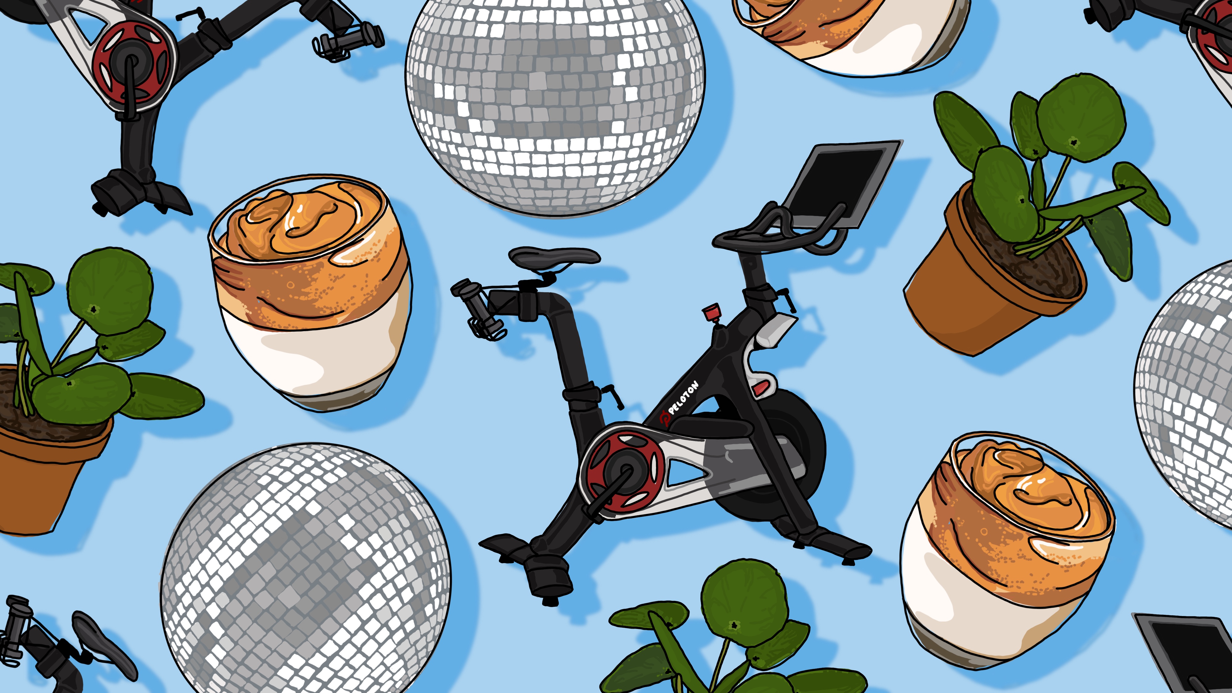 An illustrated collage with Peloton exercise bikes, potted houseplants, disco balls, and coffee drinks on a light blue background.