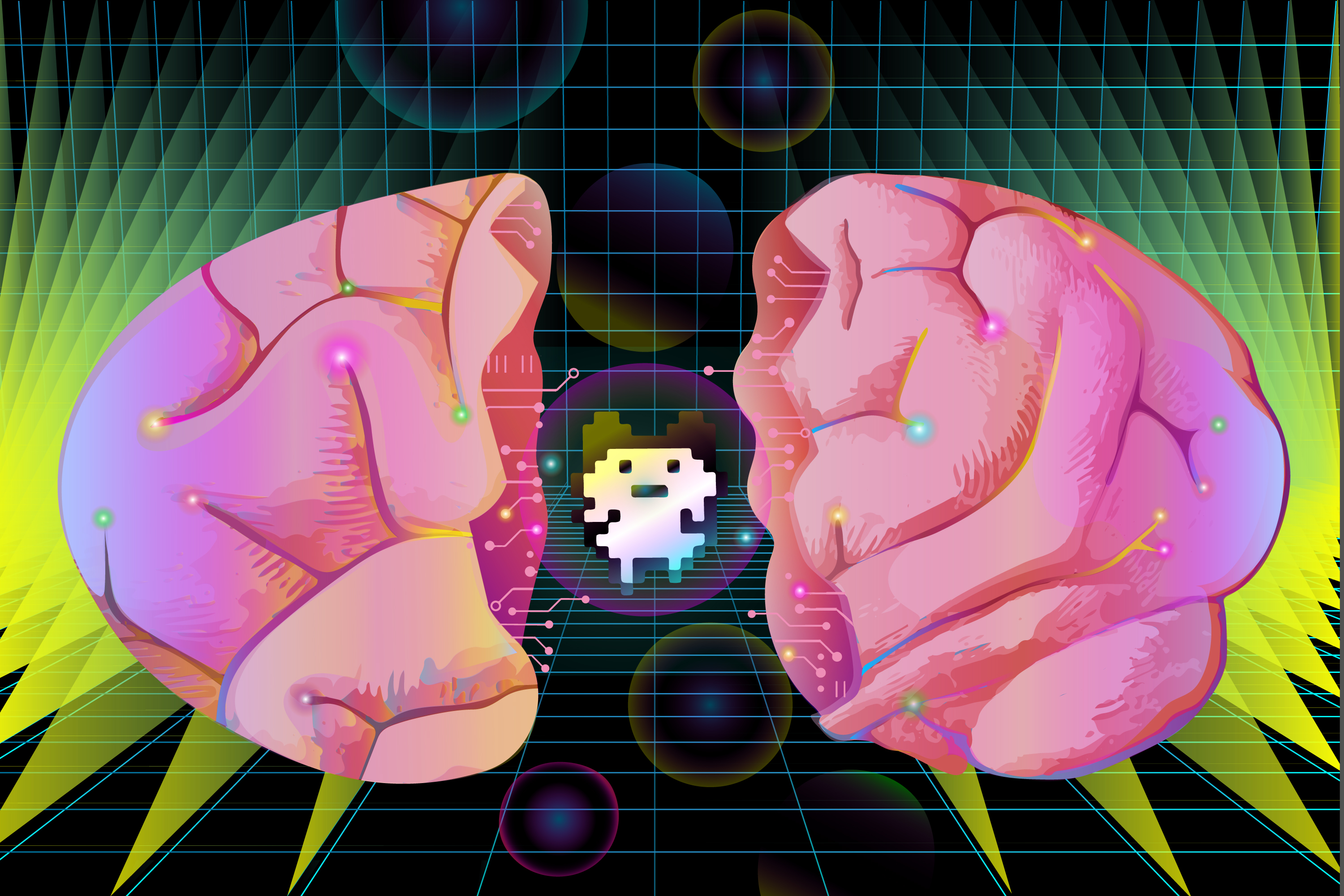 An illustration of two halves of a pink brain with a small Tamagotchi character in the middle.