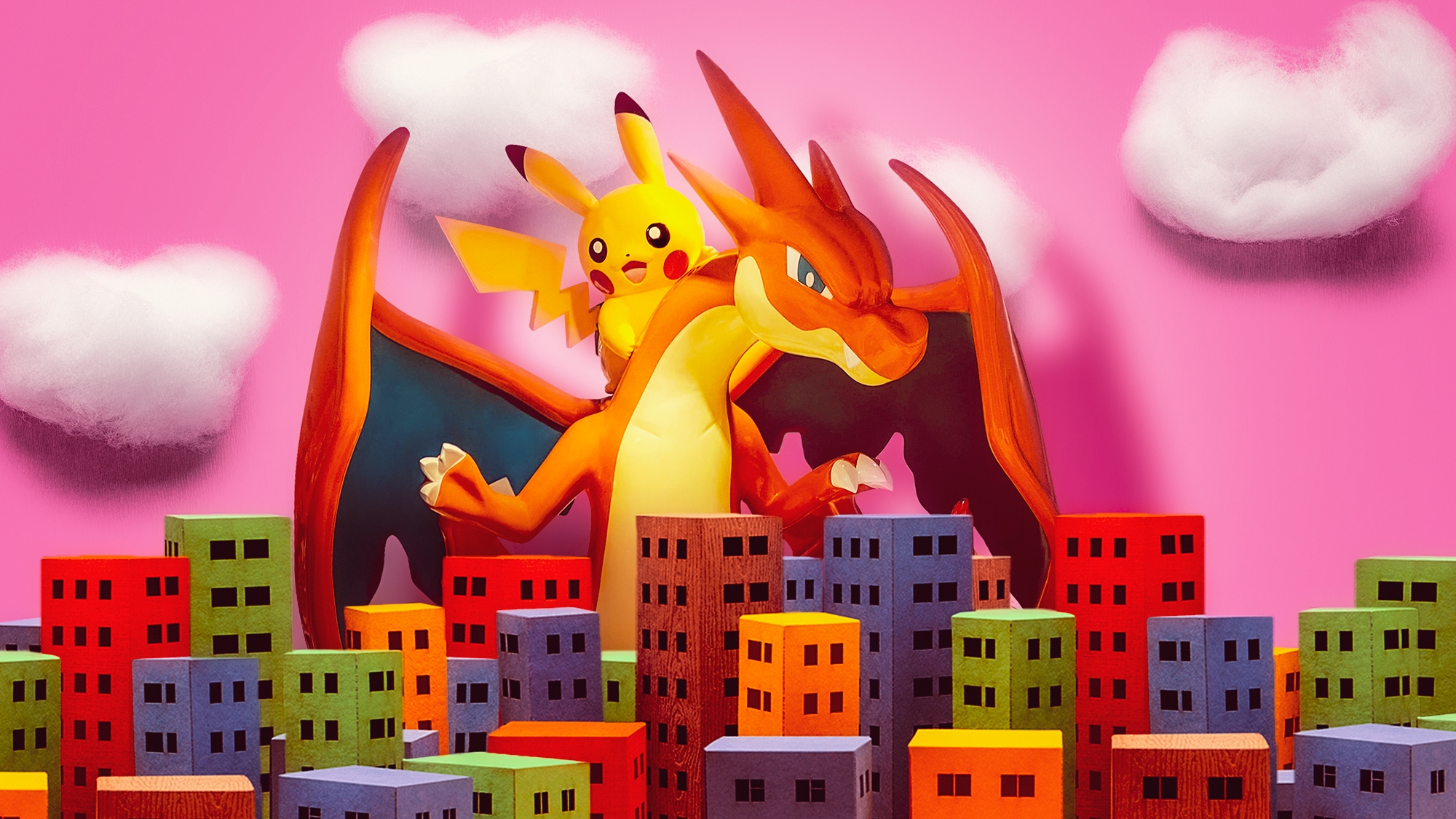 Pikachu rides a Godzilla-like creature over a city in this a cartoon illustration depicting the Pokémon franchise’s dominance.