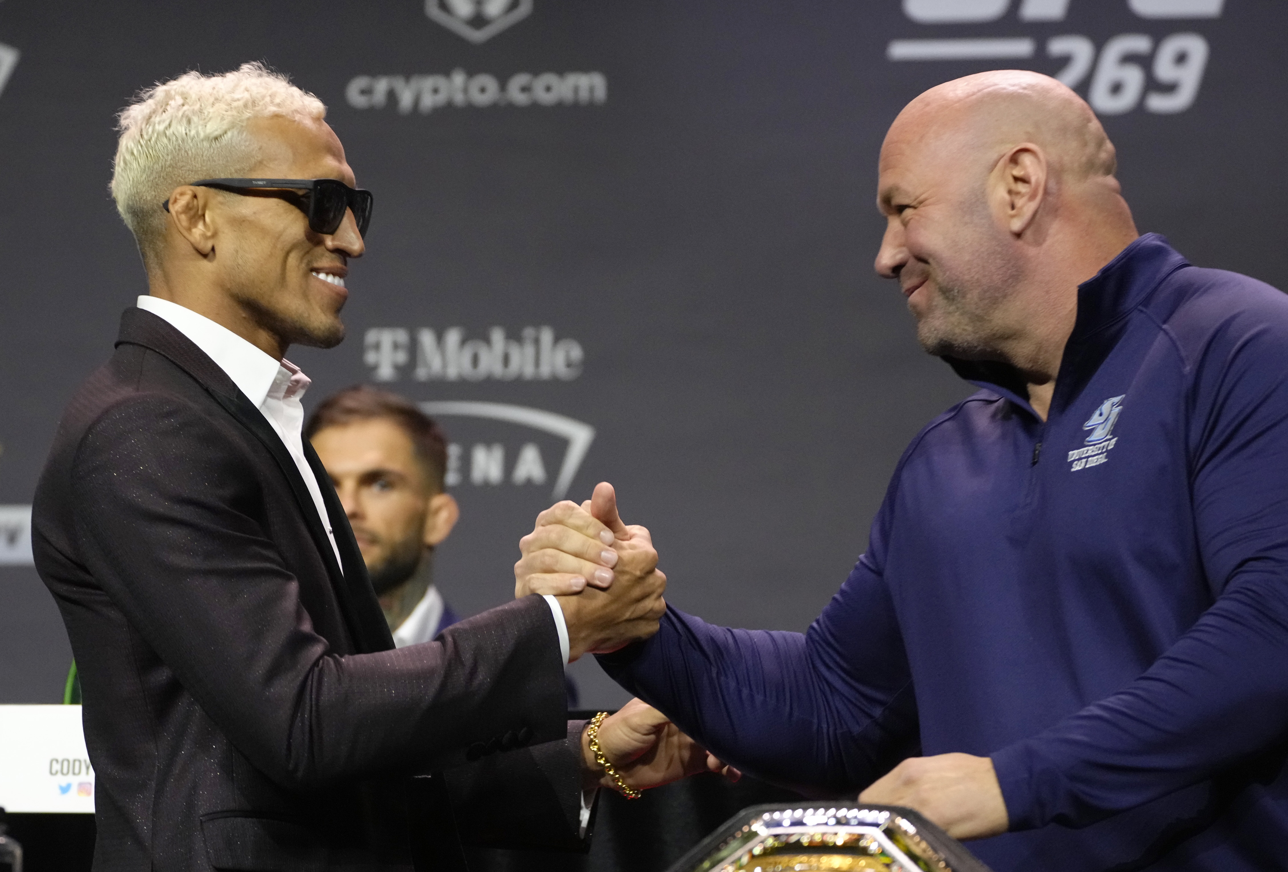 UFC President Dana White with Charles Oliveira at the UFC 269 press conference.