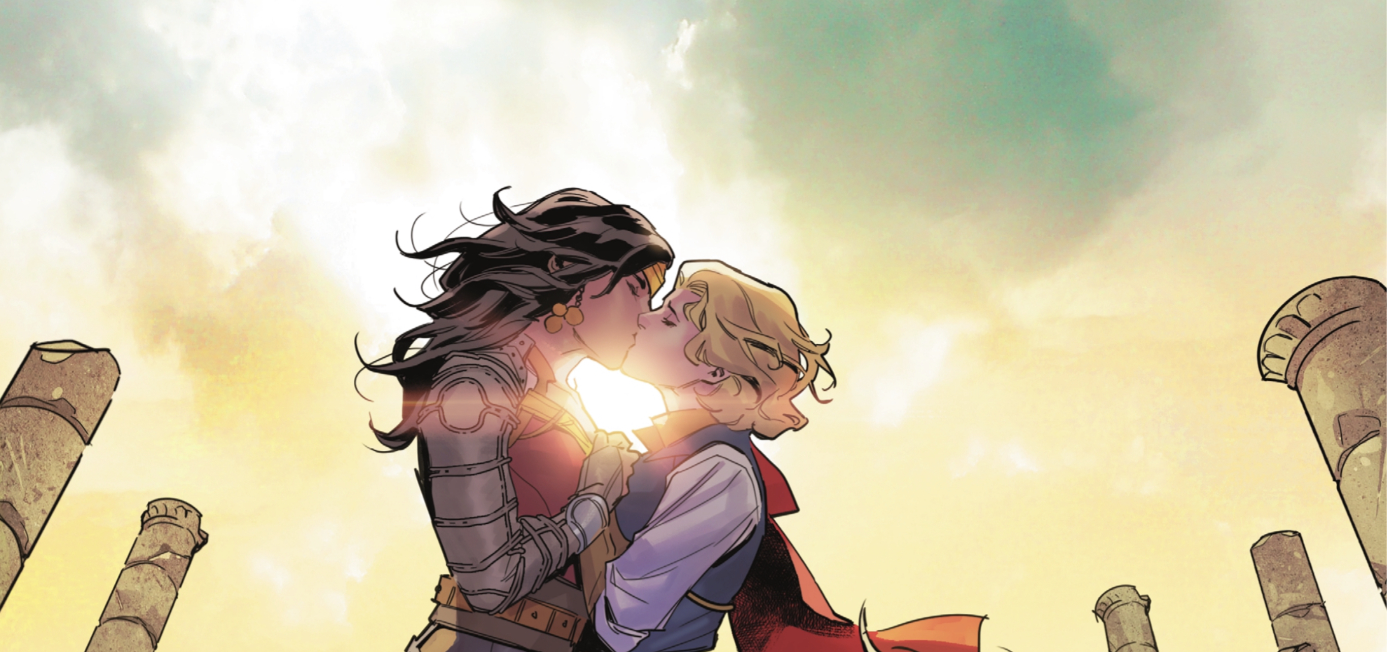 Diana of Amazon Island and Zala Jor-El share a passionate kiss in Dark Knights of Steel #2 (2021).