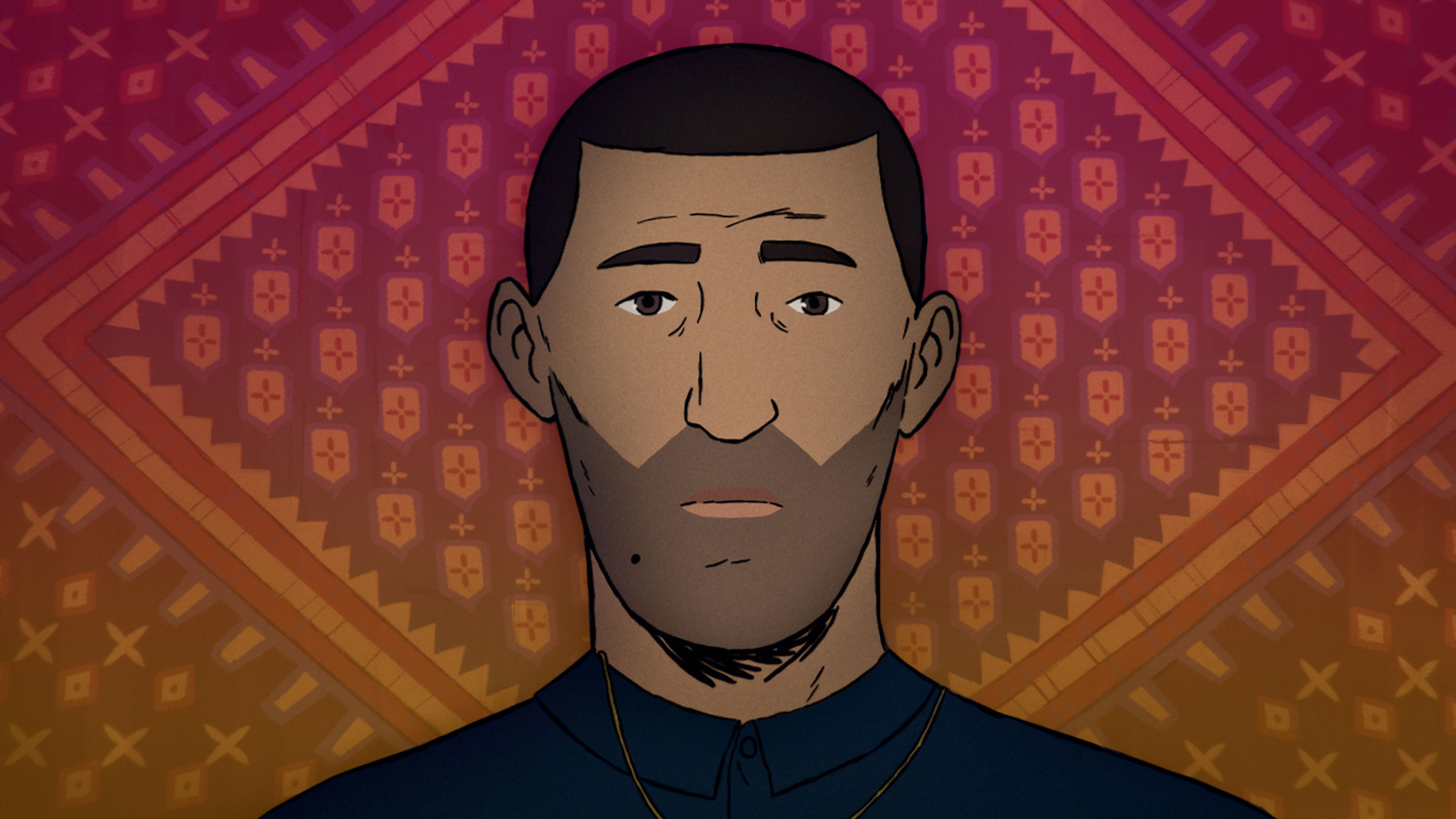 Cartoon drawing of a man against a patterned background, from the documentary Flee