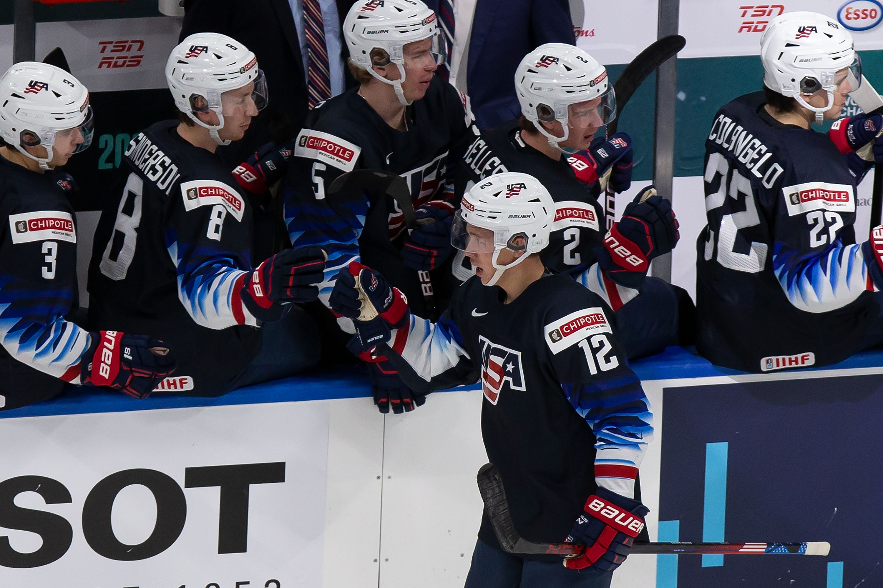 Matthew Boldy #12 of the United States celebrates a goal against Finland during the 2021 IIHF World Junior Championship semifinals at Rogers Place on January 4, 2021 in Edmonton, Canada.