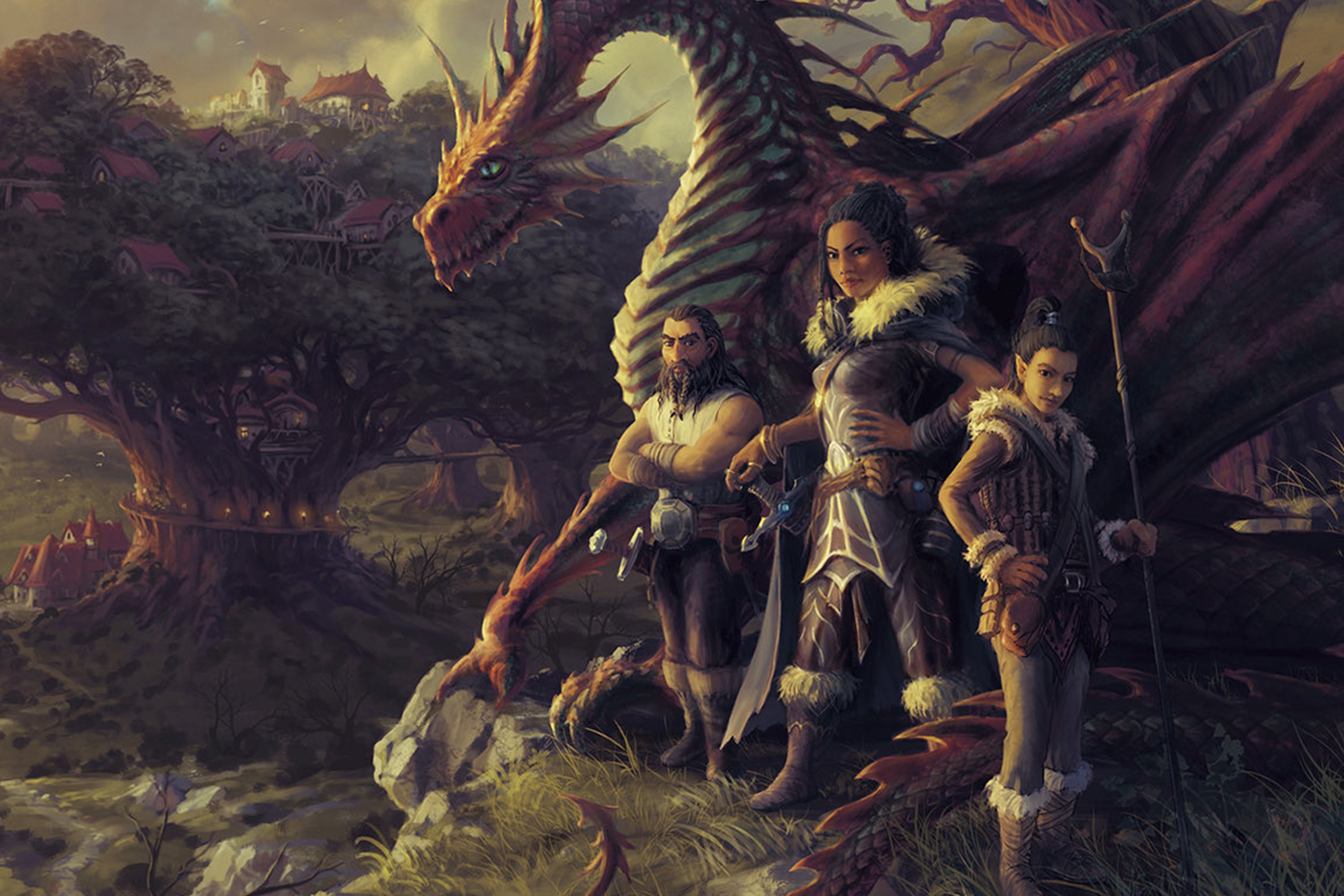 Three characters stand in front of a proud, red dragon.
