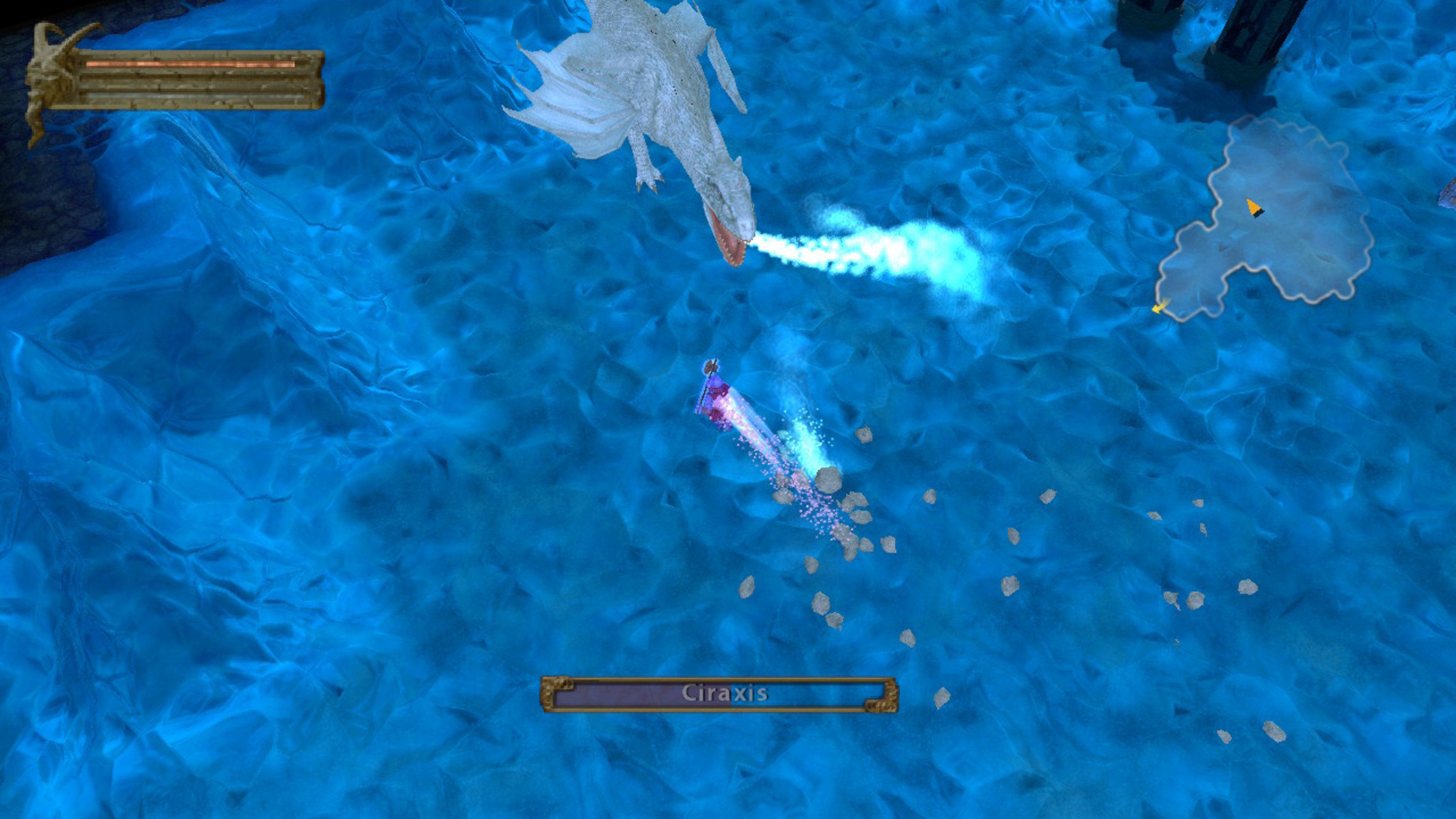 A player in Baldur’s Gate: Dark Alliance fighting a large frost-colored dragon