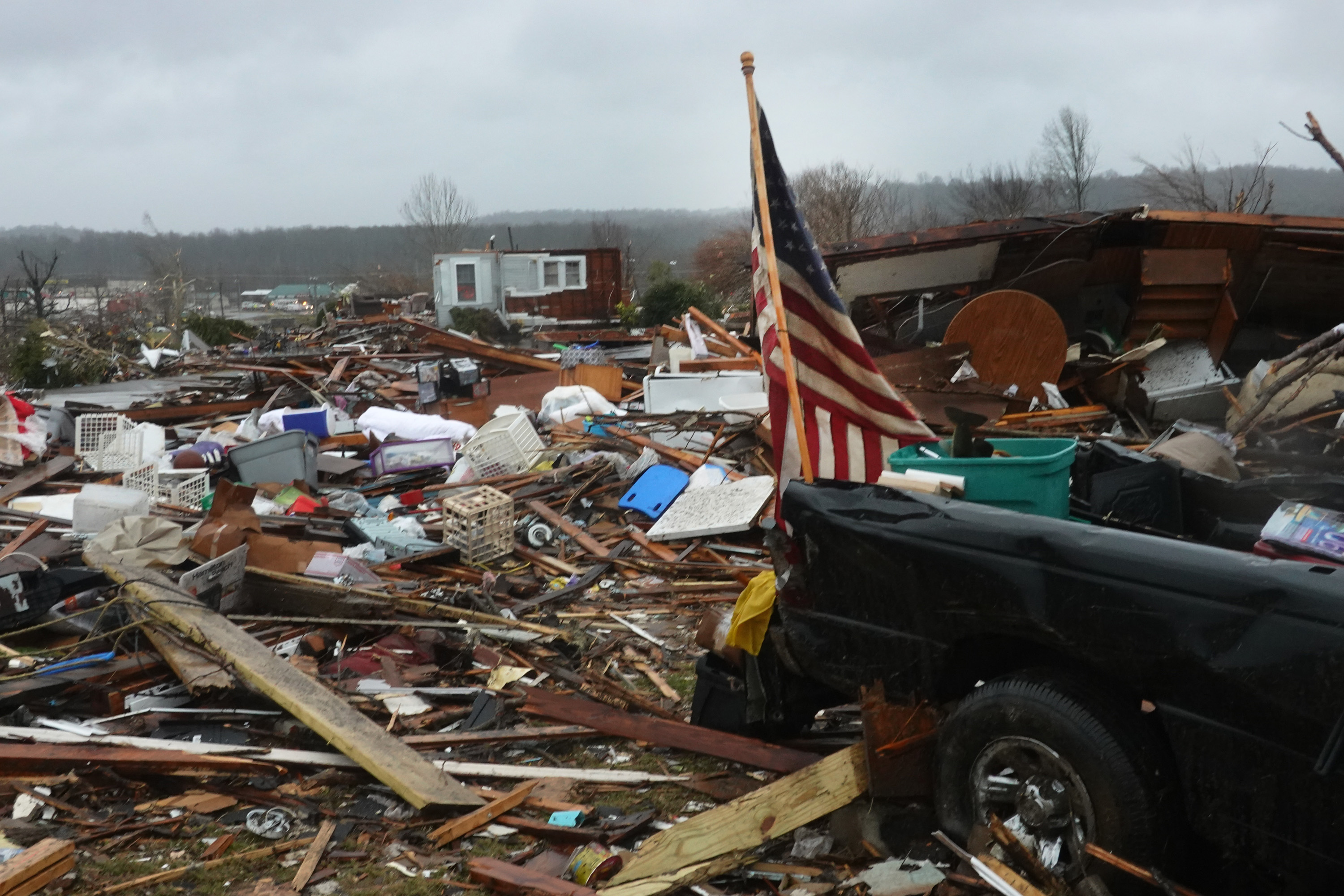 Homes destroyed during last week’s tornado continue to litter the landscape on Dec. 16 in Dawson Springs, Kentucky.
