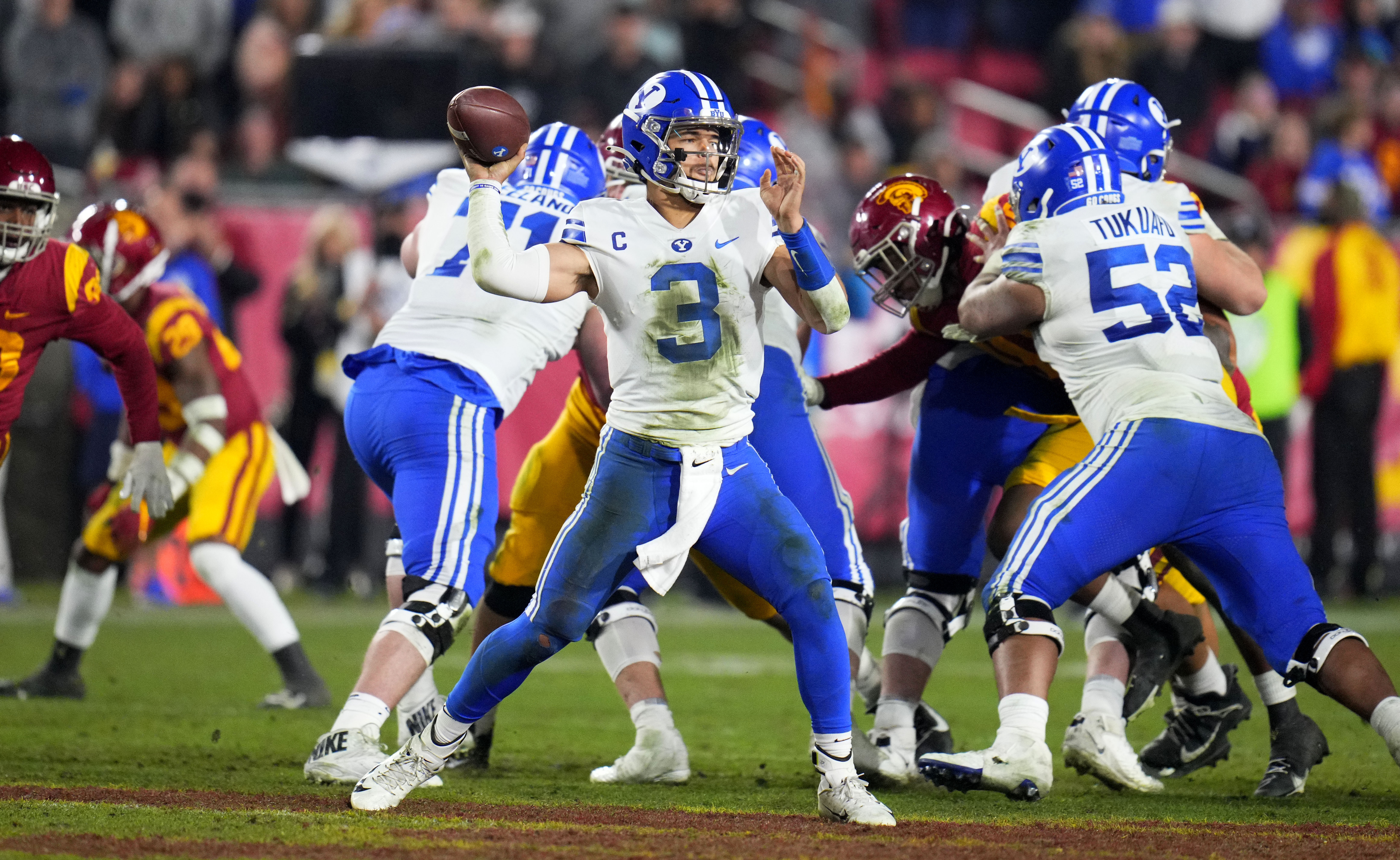 Brigham Young Cougars defeated the USC Trojans 35-31 during a NCAA football game at the Los Angeles Memorial Coliseum in Los Angeles.