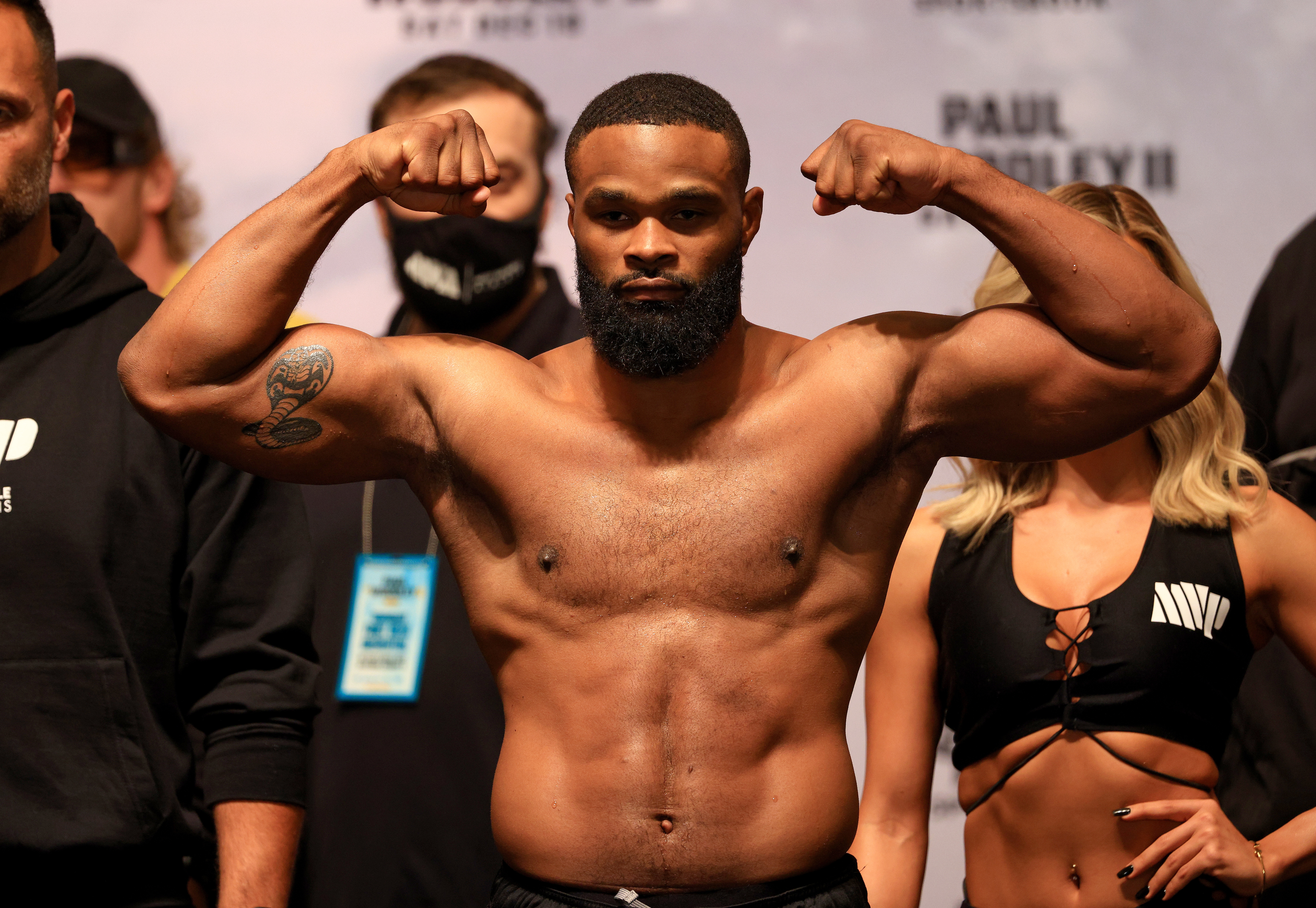 Tyron Woodley poses during a weigh in at the Hard Rock Hotel and Casino.