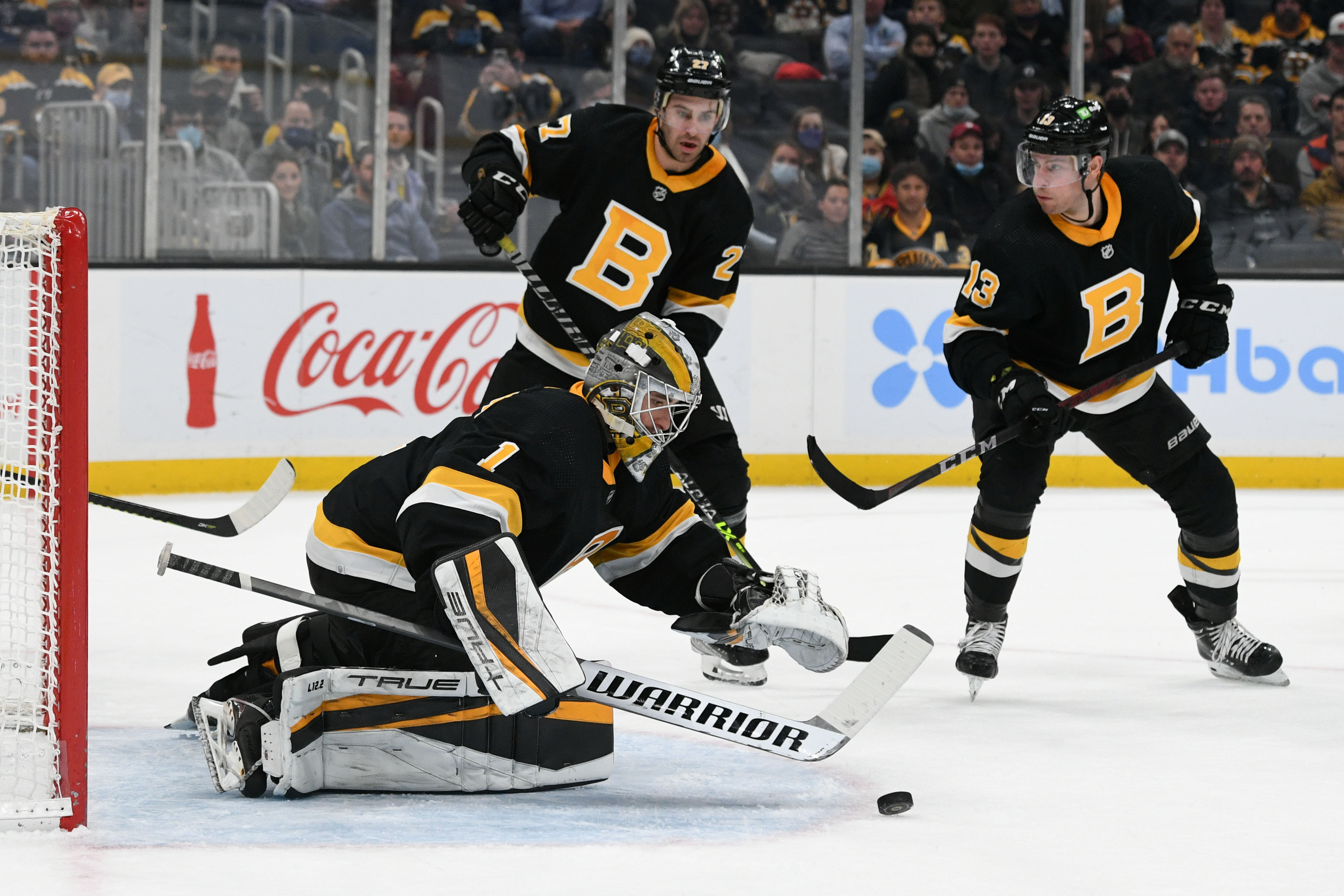Dec 14, 2021; Boston, Massachusetts, USA; Boston Bruins goaltender Jeremy Swayman (1) makes a save during the second period of a game against the Vegas Golden Knights at the TD Garden.