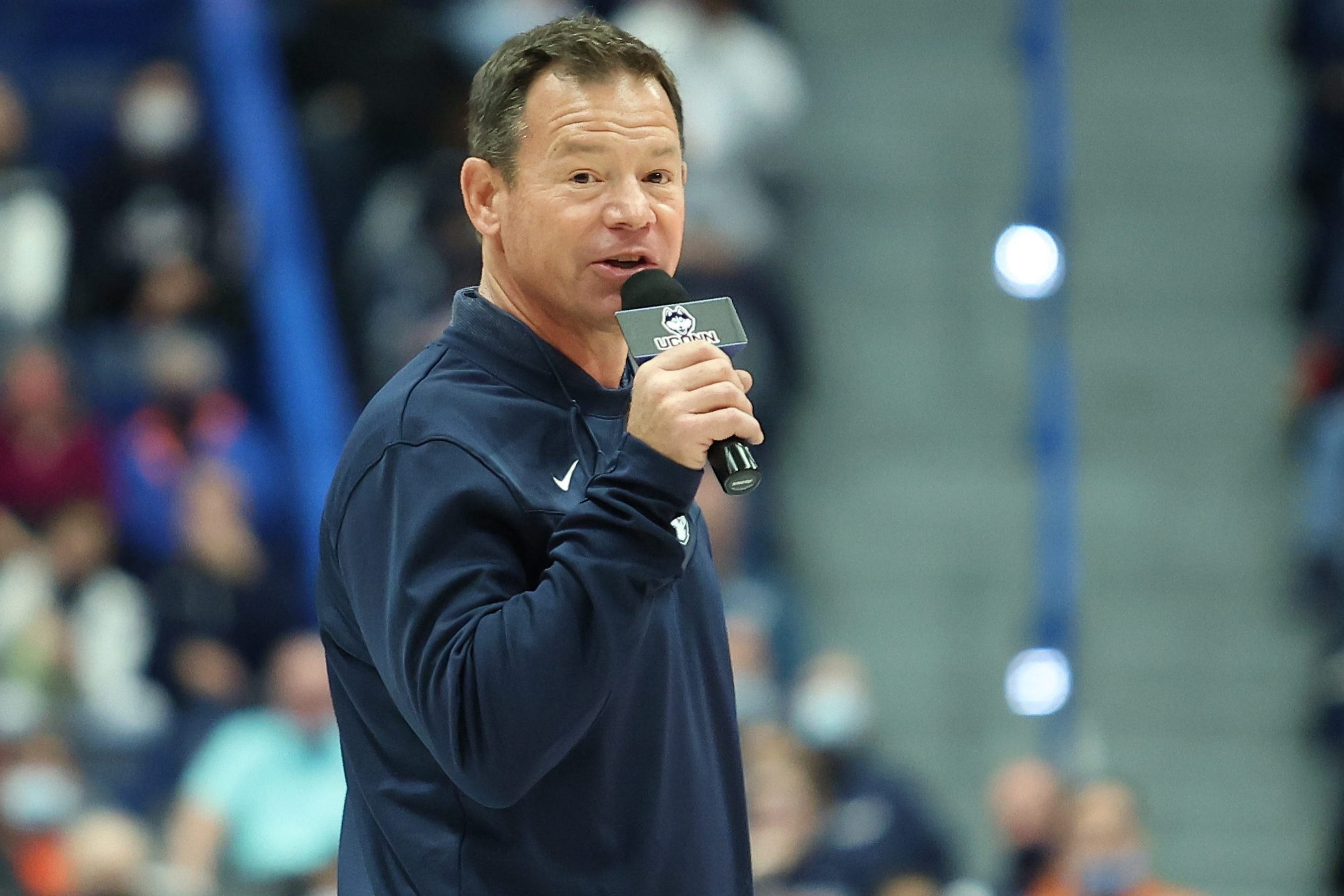 New UConn football coach Jim Mora, Jr. speaks to the crowd at the UConn women’s basketball game at the XL Center on Sunday, November 14, 2021.