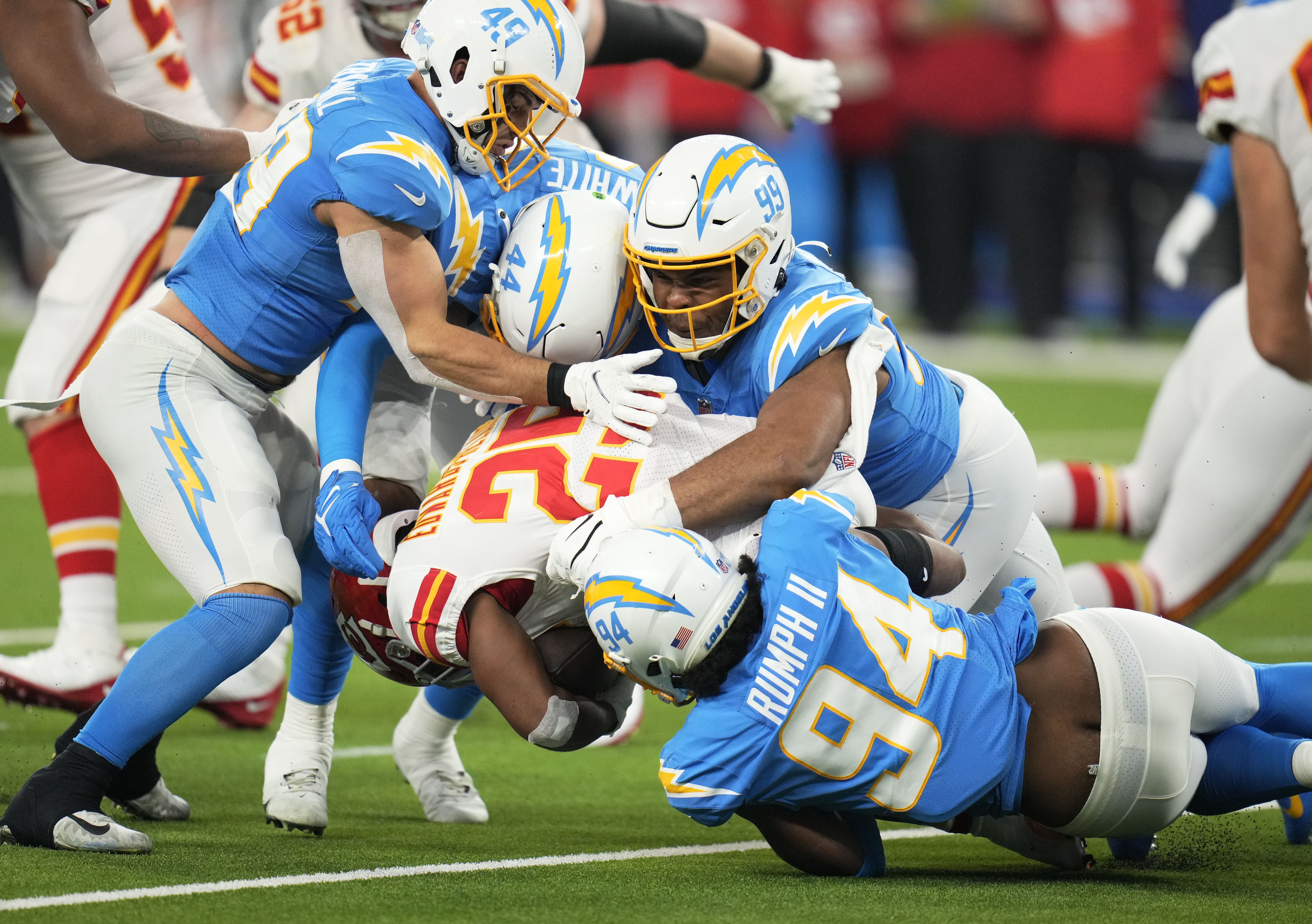 Kansas City Chiefs defeated the Los Angeles Chargers 34-28 in overtime during a NFL football game at SoFi Stadium in Inglewood.