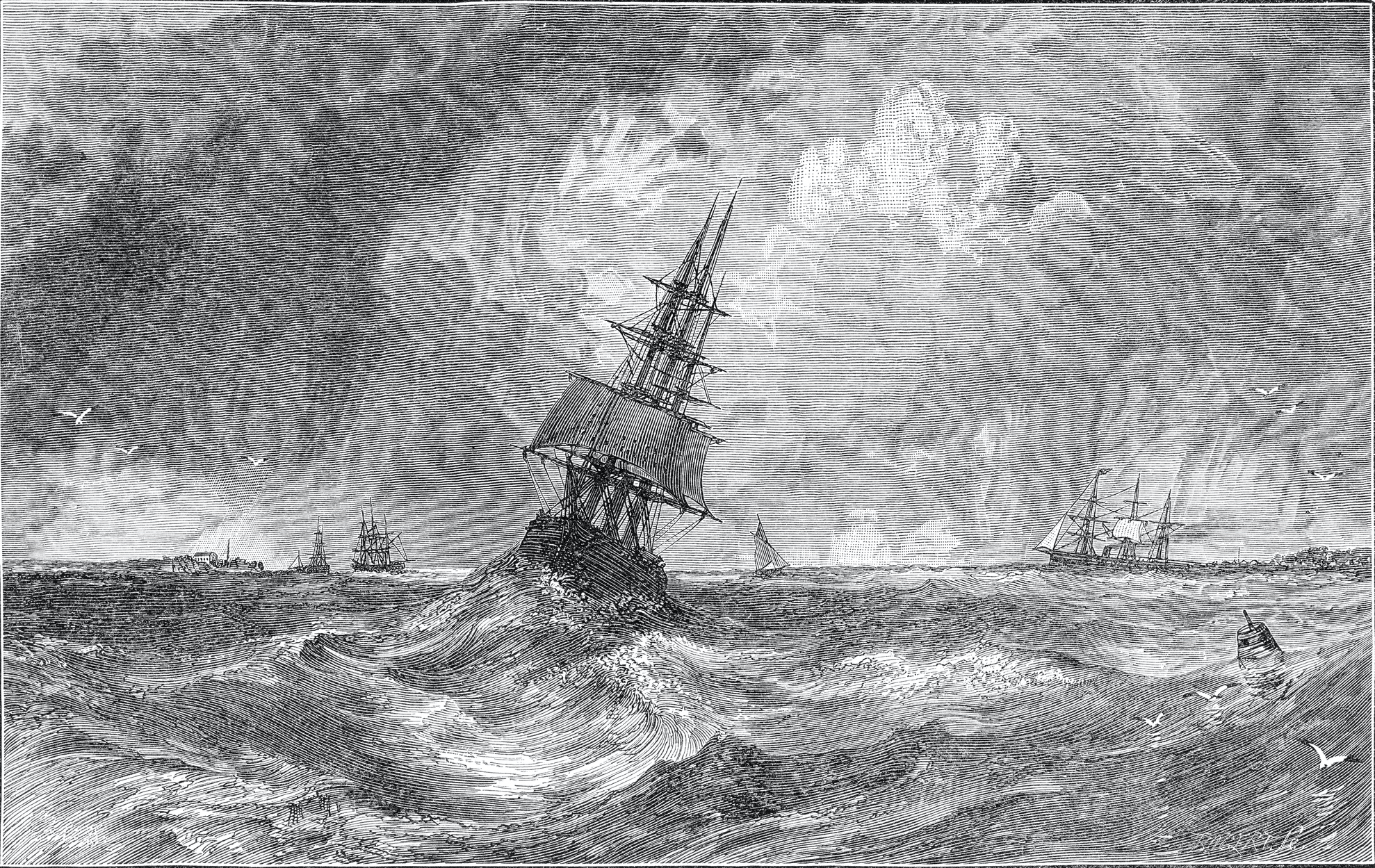 An antique illustration of a ship on a stormy sea.