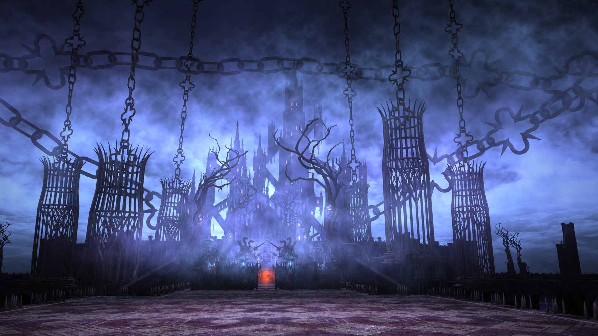 A haunted-looking building with lots of cages on chains, as seen in Final Fantasy 14: Endwalker’s Pandaemonium raid series