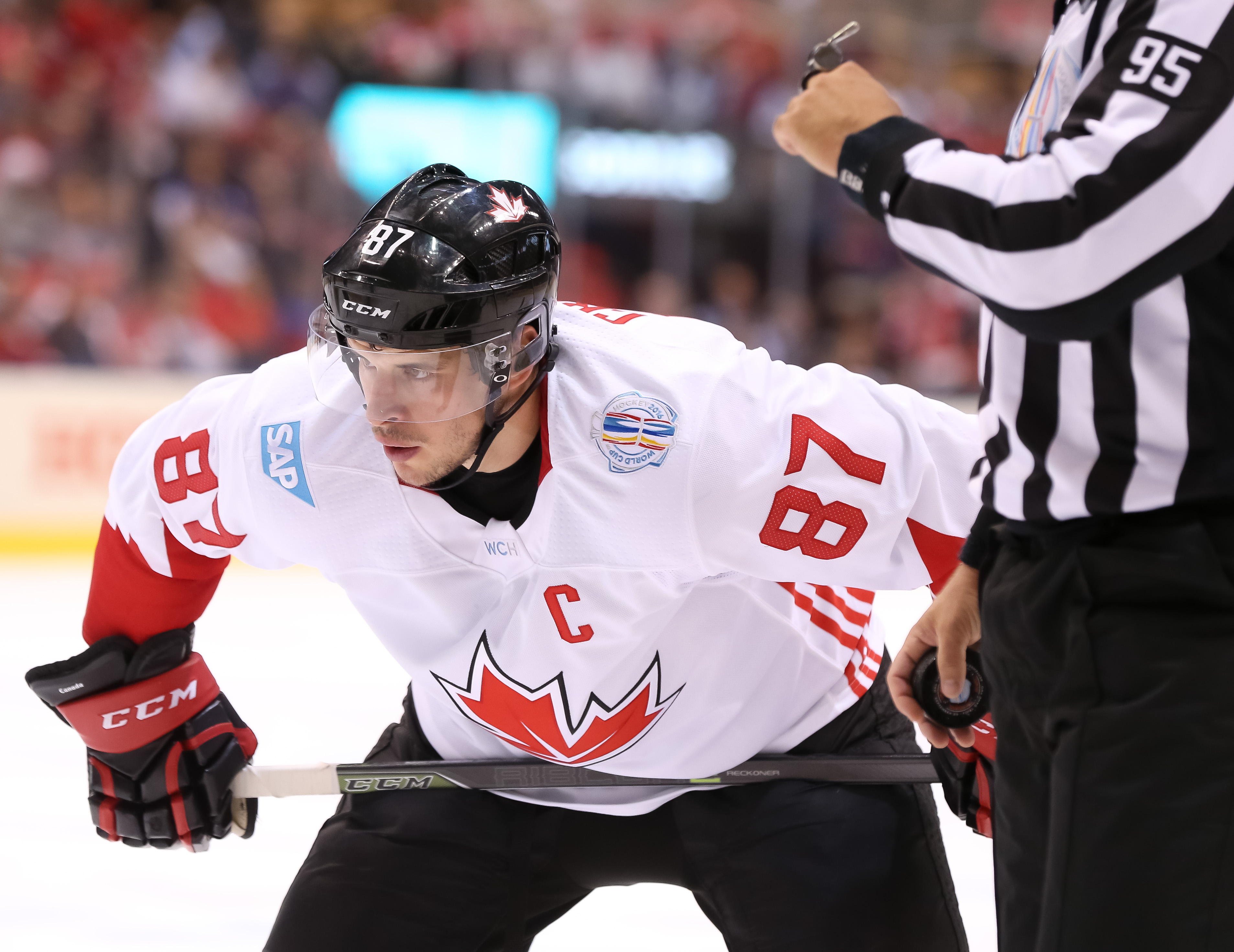 Sidney Crosby of Team Canada prepares for a face-off against Team Europe during Game Two of the World Cup of Hockey final series at the Air Canada Centre on September 29, 2016 in Toronto, Ontario, Canada.