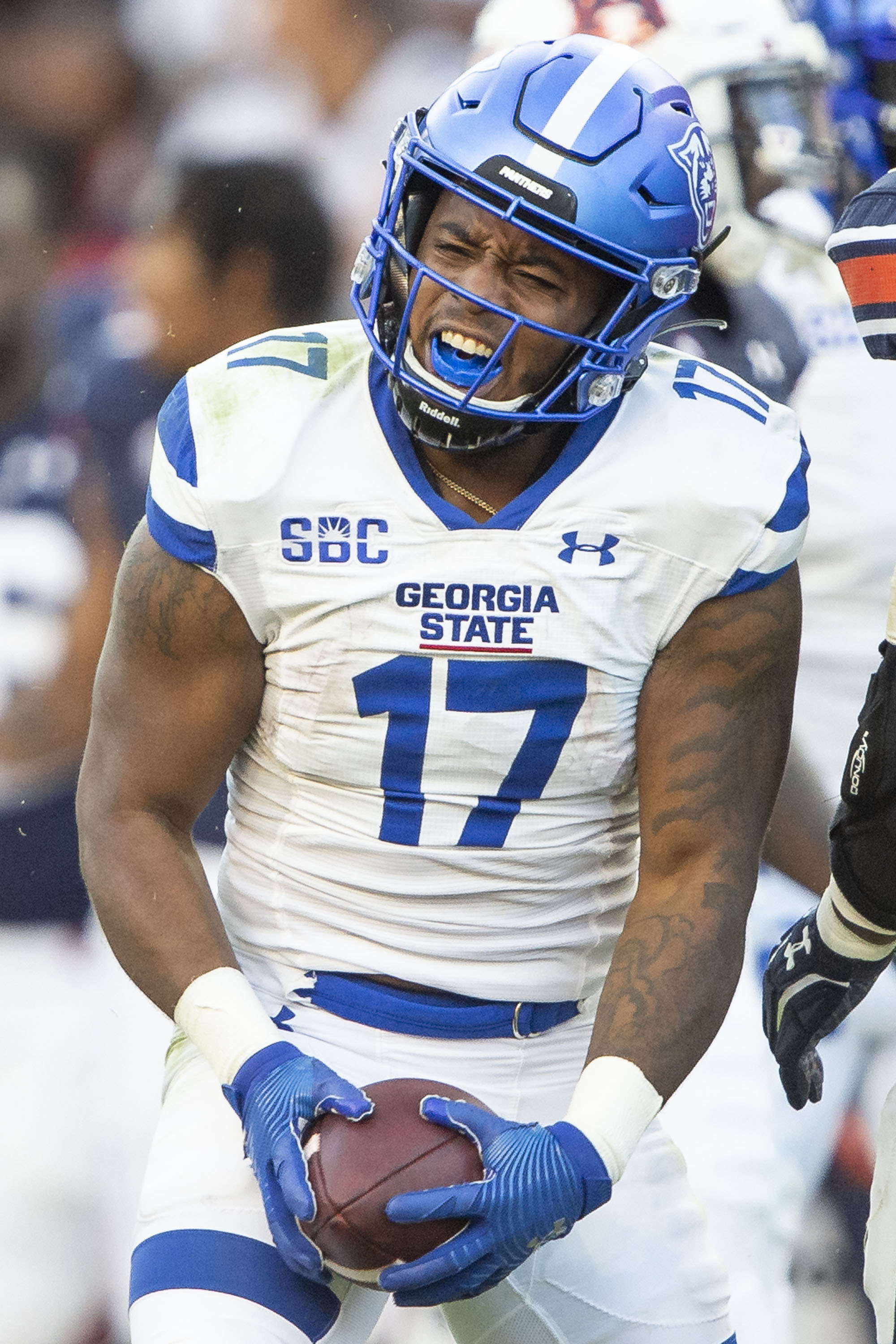 Running back Destin Coates of the Georgia State Panthers celebrates after a big play during their game against the Auburn Tigers at Jordan-Hare Stadium on September 25, 2021 in Auburn, Alabama.