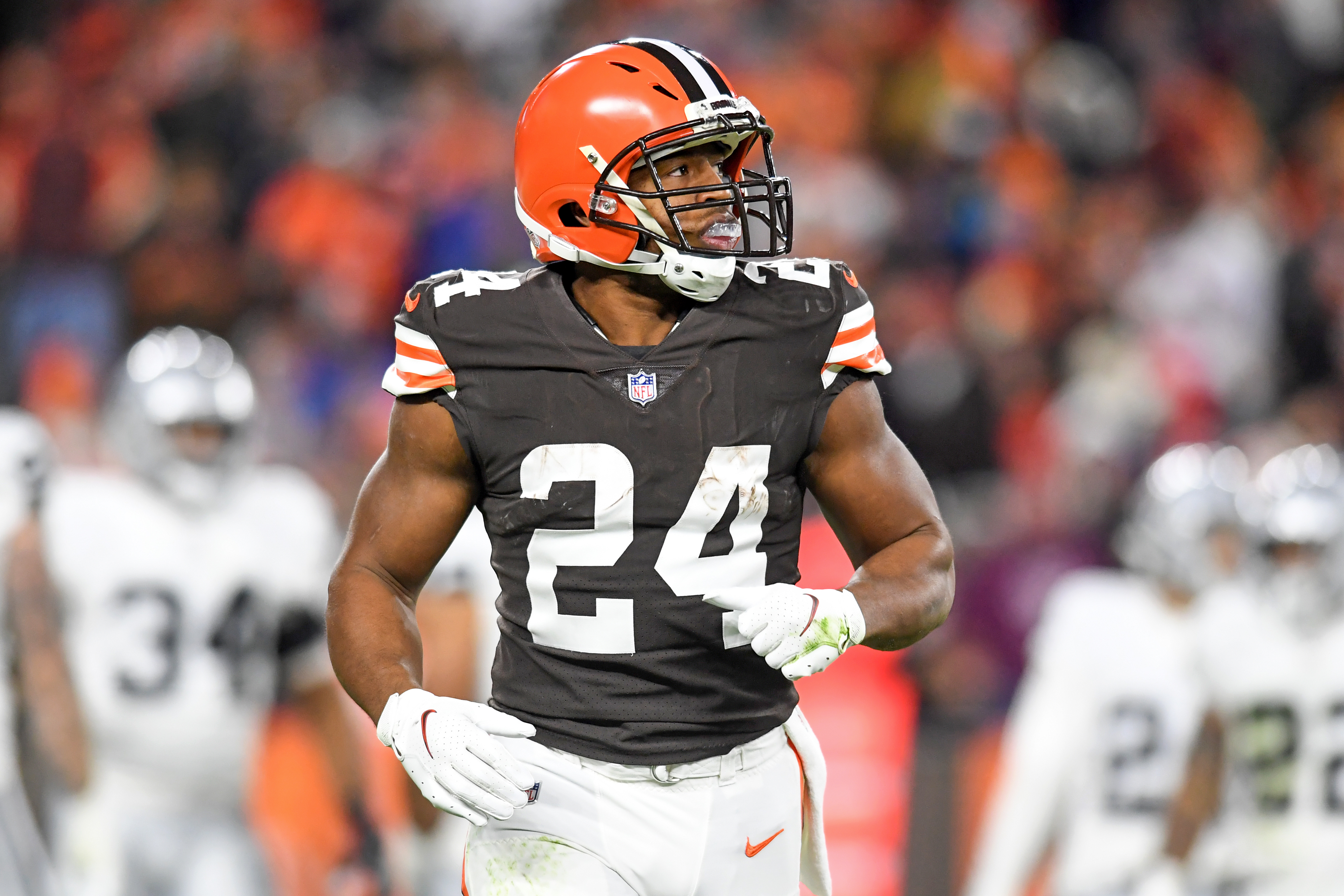 Nick Chubb #24 of the Cleveland Browns runs off the field during the first half against the Las Vegas Raiders at FirstEnergy Stadium in Cleveland, Ohio.