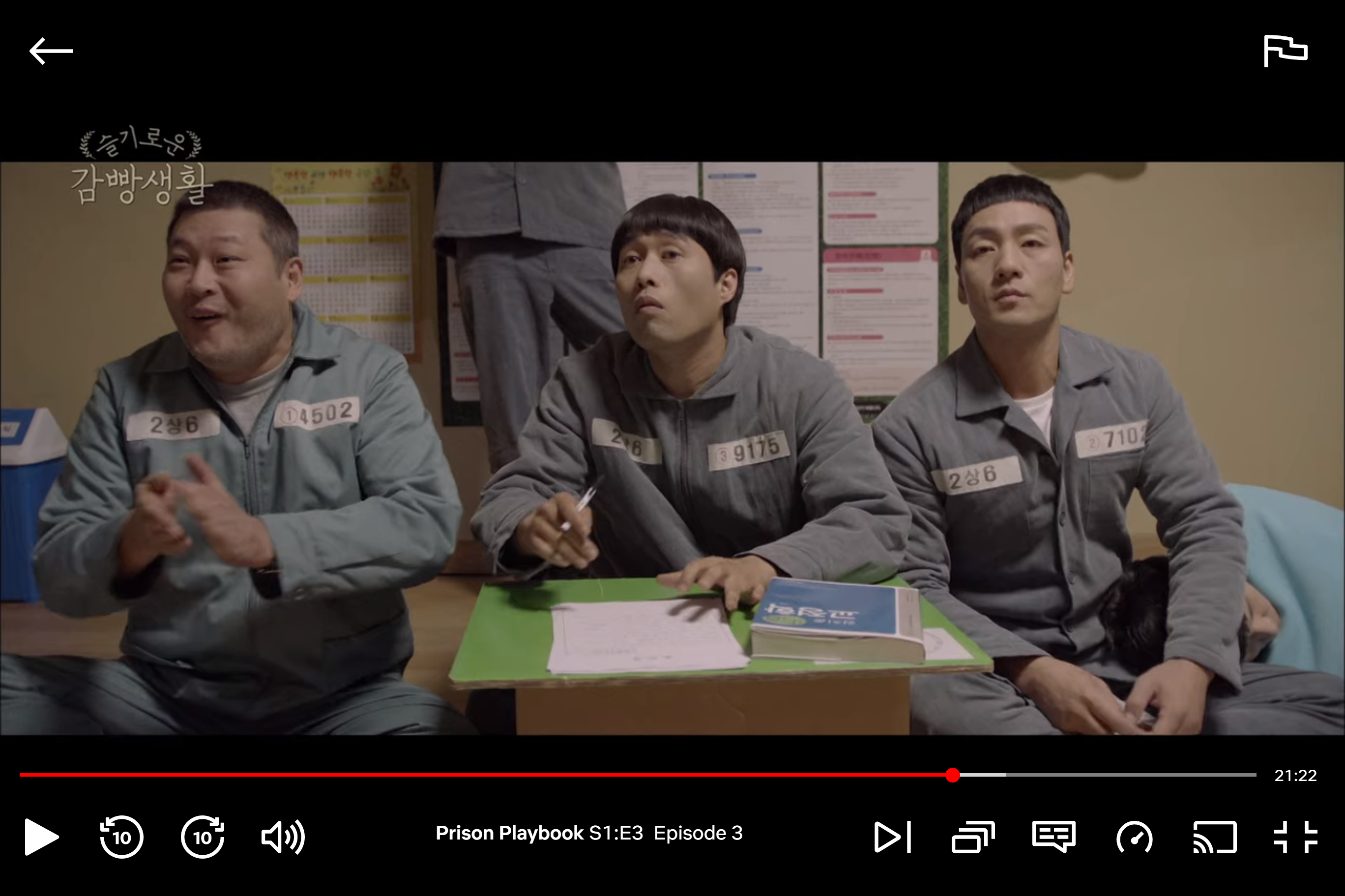 Three prisoners from the show trying to watch TV (Kim Je-hyuk is on the far right)