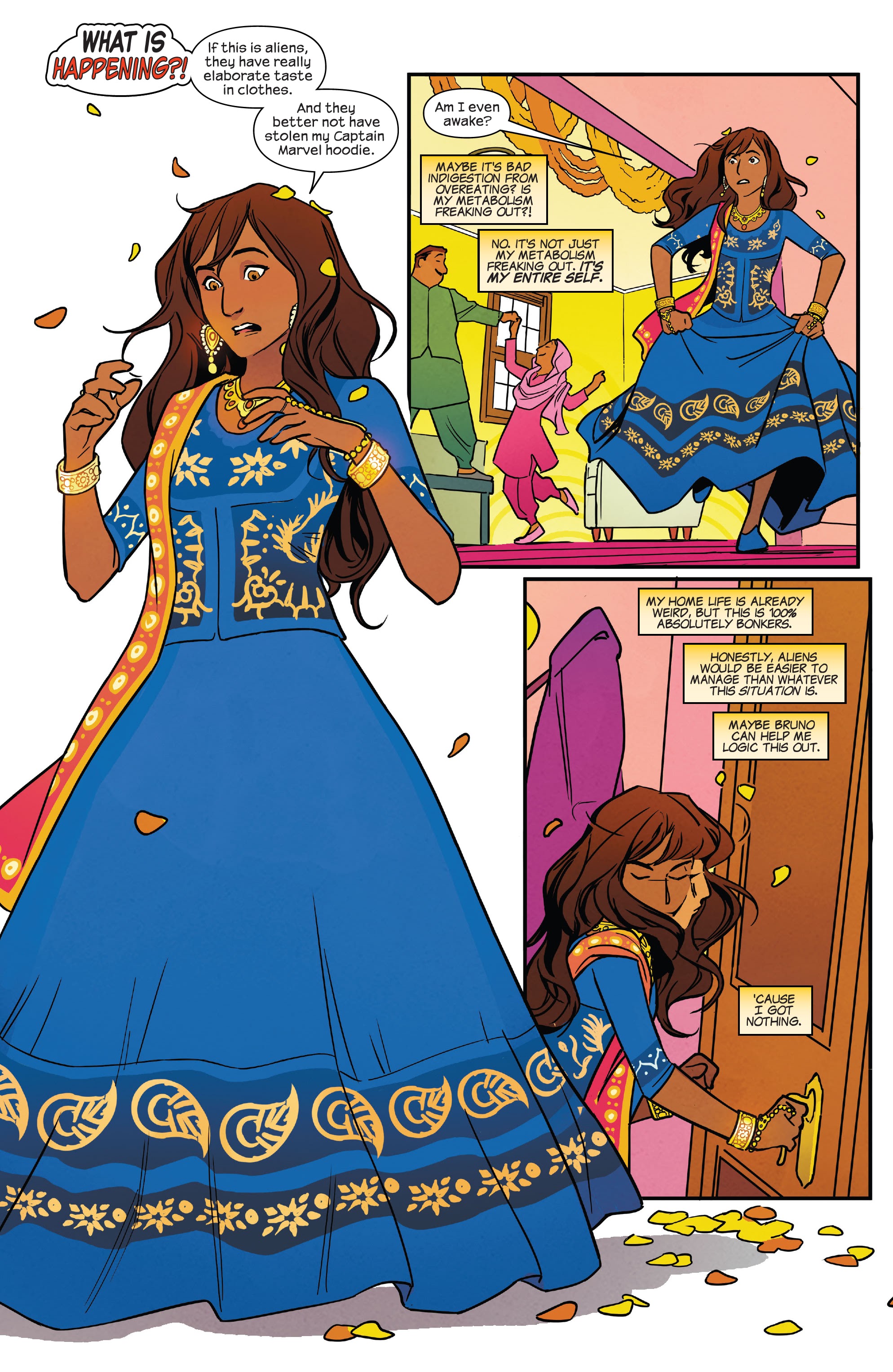 “What is happening!” Kamala Khan/Ms. Marvel gasps as she looks down at her Bollywood-style dress in the colors of her costume in Ms. Marvel: Beyond the Limit #1 (2021).