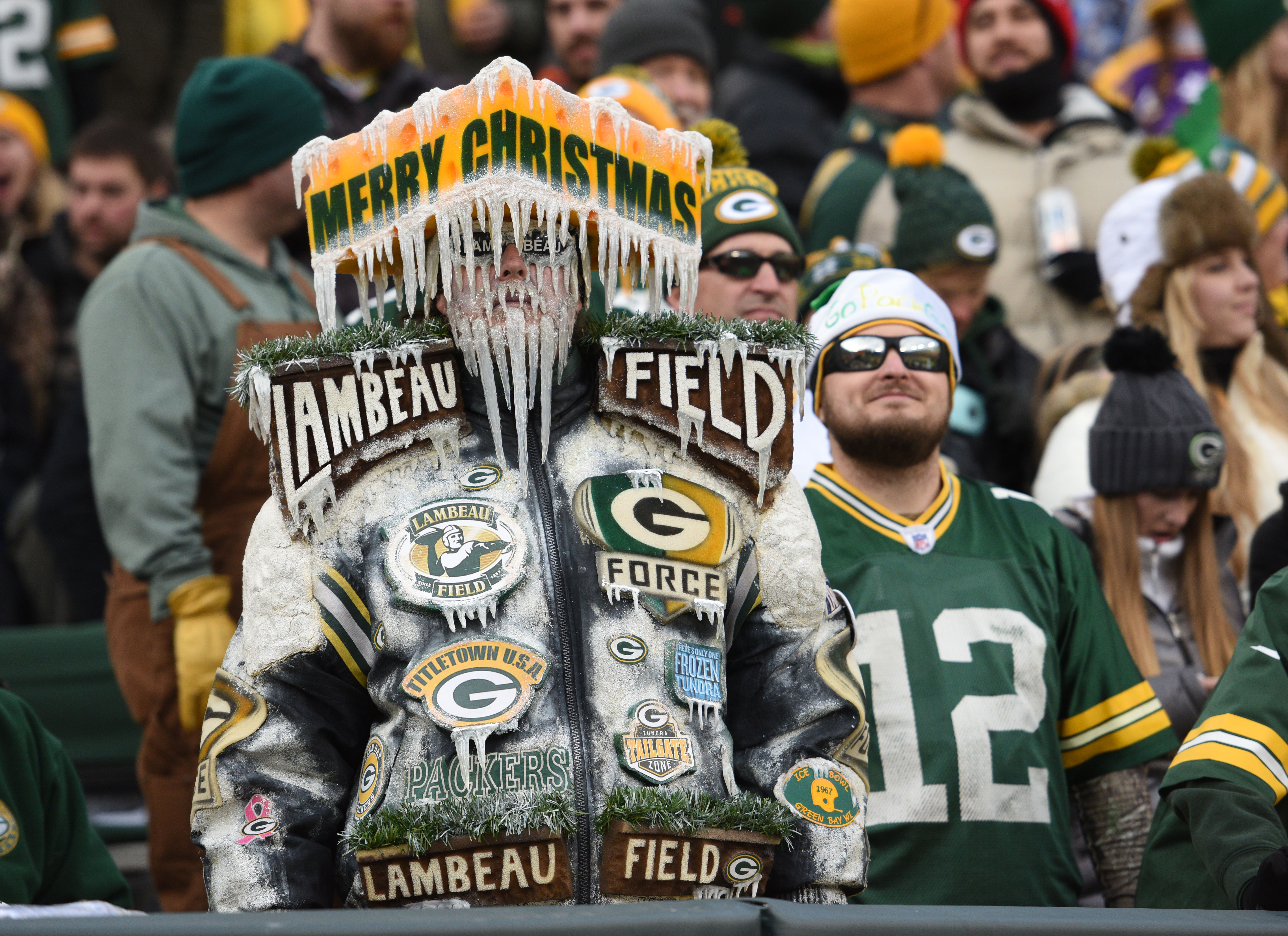 A Green Bay Packer fan displays an icy Christmas greeting during a game against the Minnesota Vikings at Lambeau Field on December 24, 2016 in Green Bay, Wisconsin.
