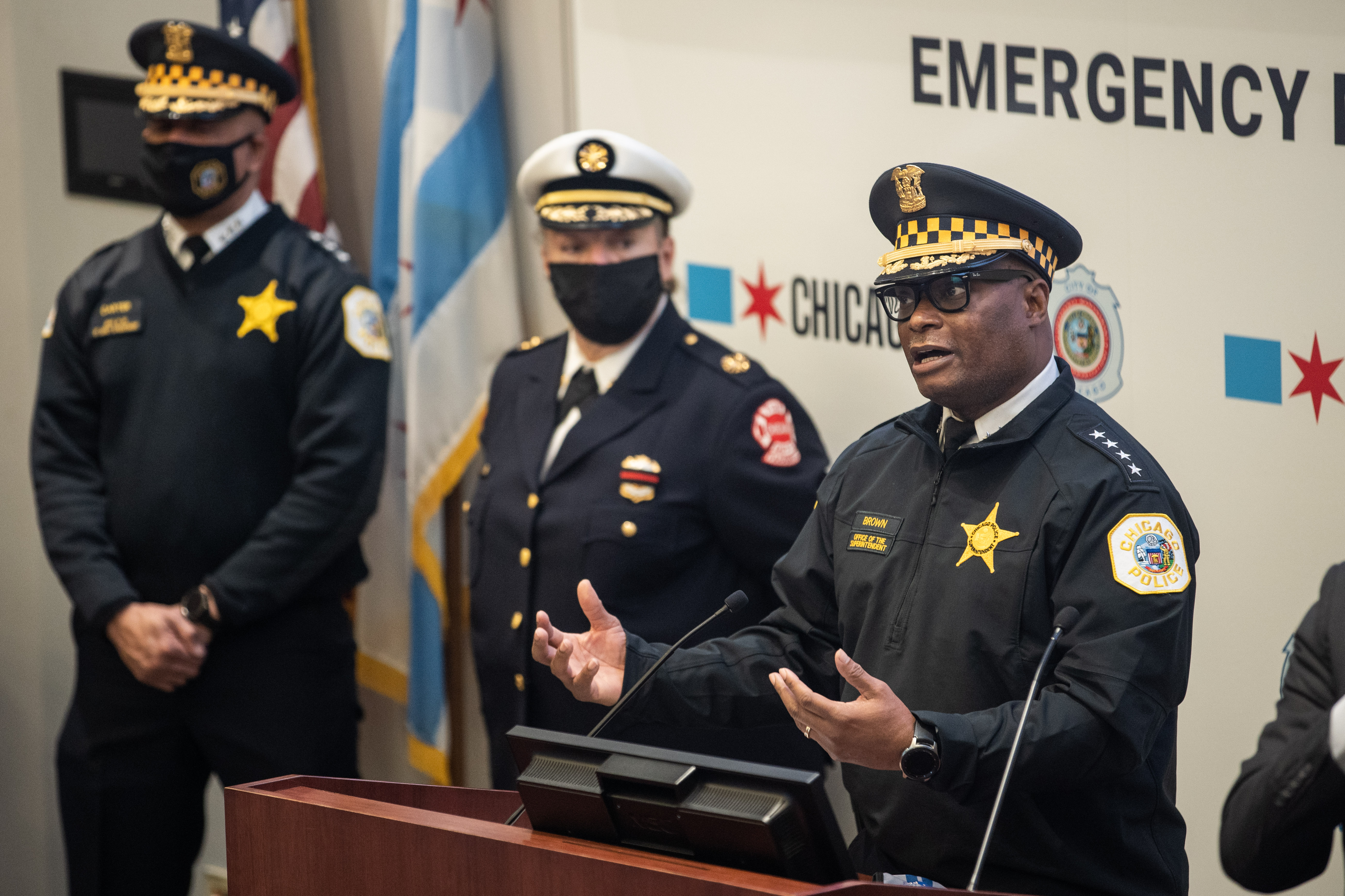 Chicago Police Supt. David Brown speaks at the Office of Emergency Management and Communications in the Near West Side neighborhood on Wednesday, Dec. 29, 2021. On Thursday, Brown offered a look ahead at plans for the Police Department in 2022. 