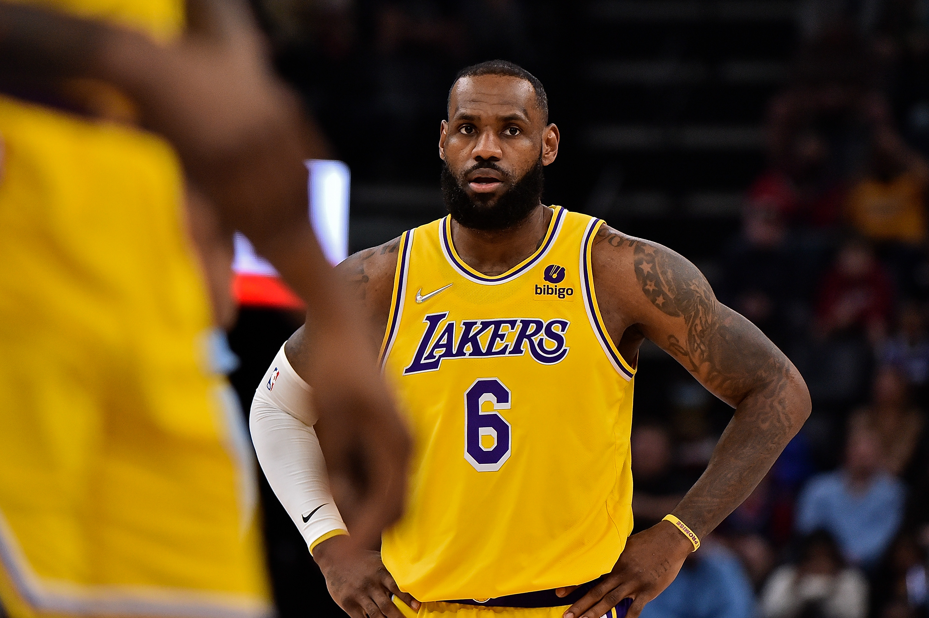 Los Angeles Lakers forward LeBron James #6 looks on during the first half against the Memphis Grizzlies at FedExForum on December 29, 2021 in Memphis, Tennessee.