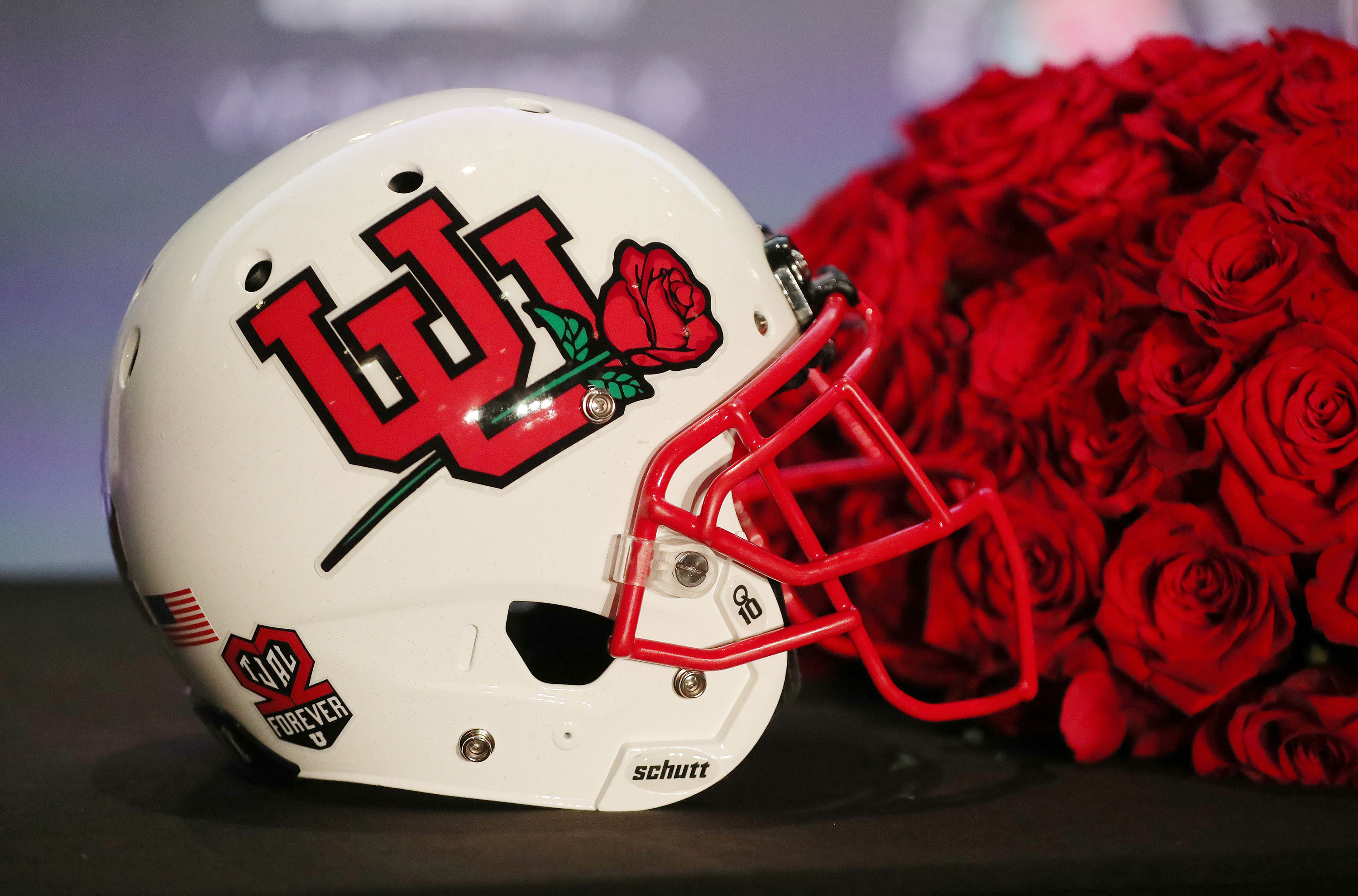A Utah Utes helmet is displayed during a Rose Bowl press conference in Los Angeles on Friday, Dec. 31, 2021.